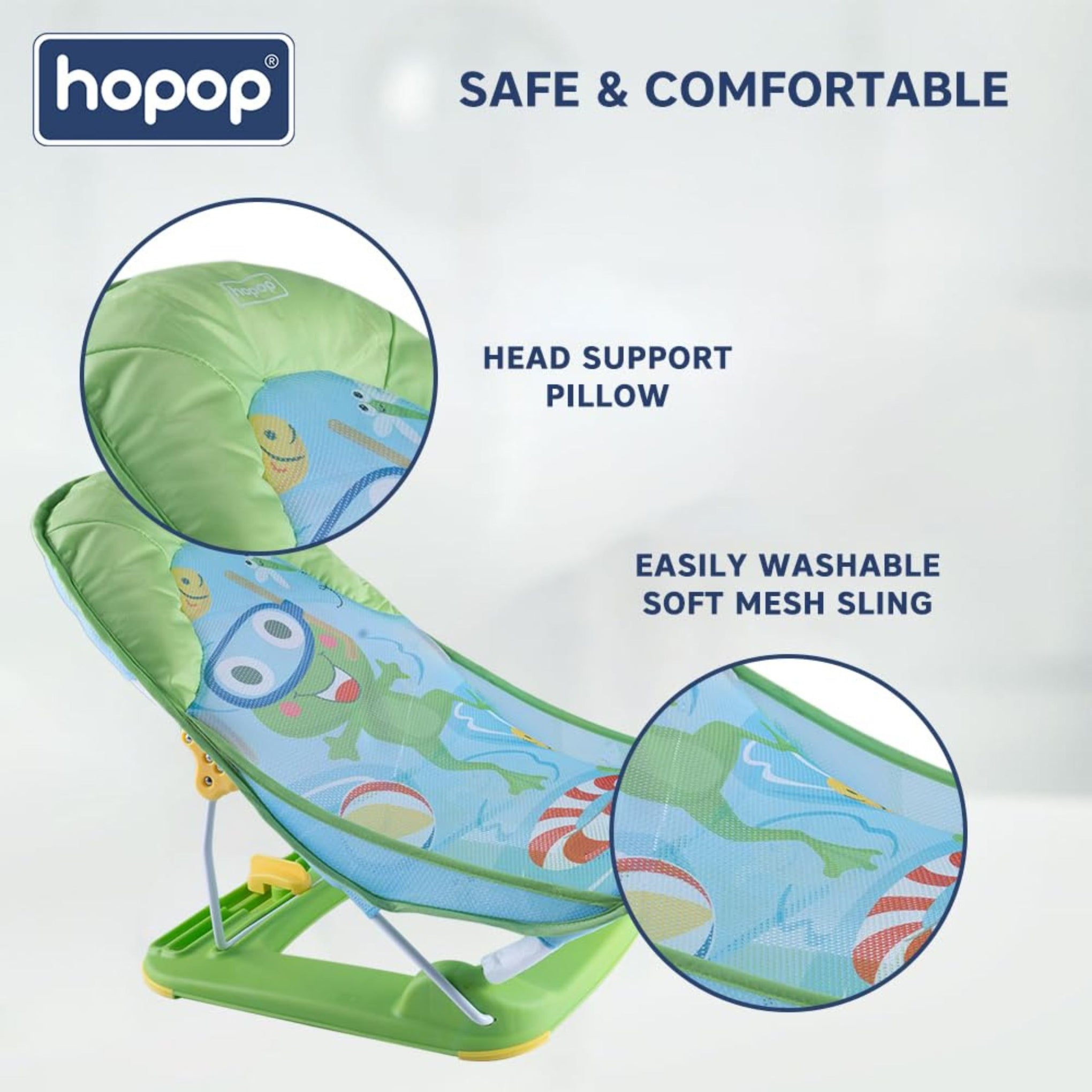 Hopop Anti-Skid Compact Baby Bather | 3-Level Adjustable Backrest | Foldable Baby Bath Seat with Soft Mesh Sling & Head Support Pillow | Newborn to 12 Months