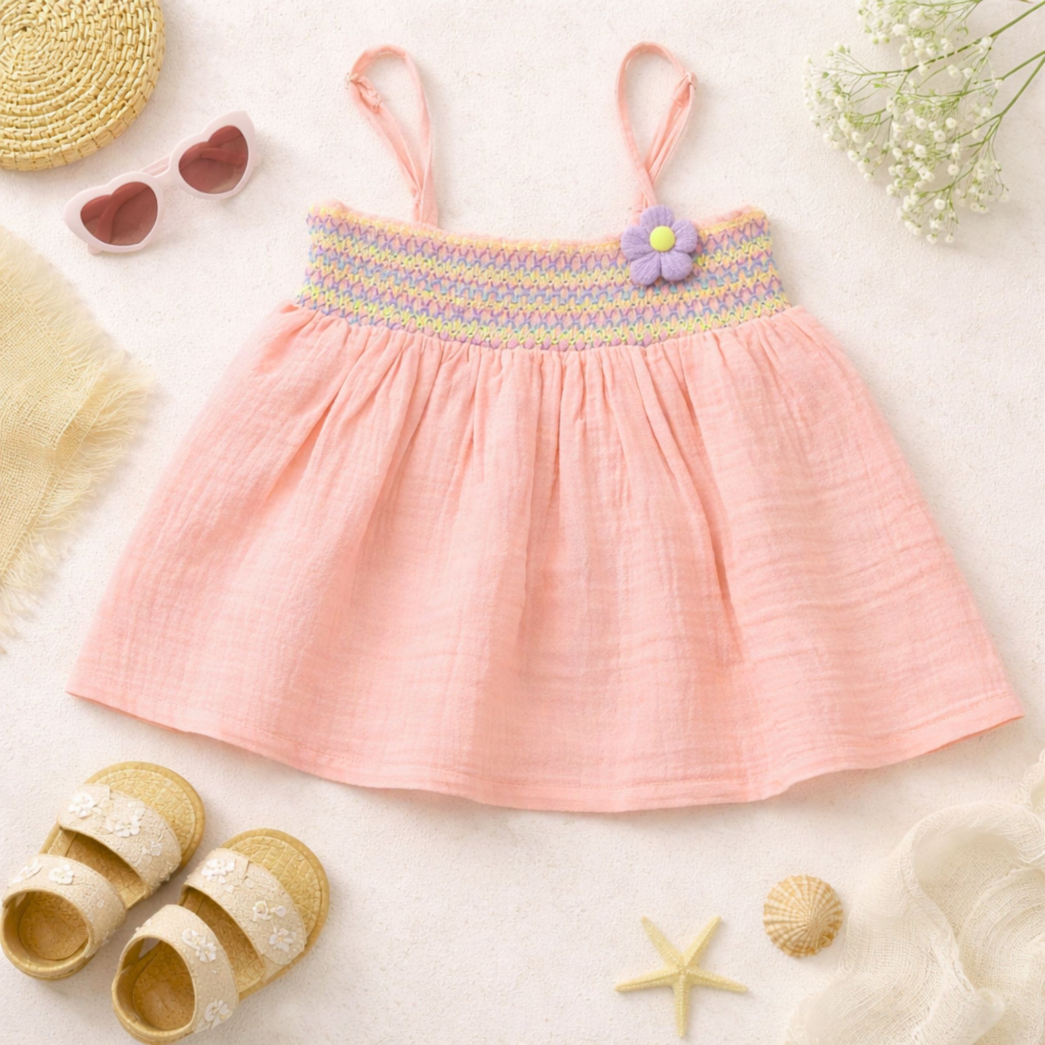 ORRIGANY Baby Girls Smocked Cotton Summer Dress | Sleeveless Strap Dress | Soft Casual Kids Dress (9 Months – 6 Years) | Colors: Peach, Liril