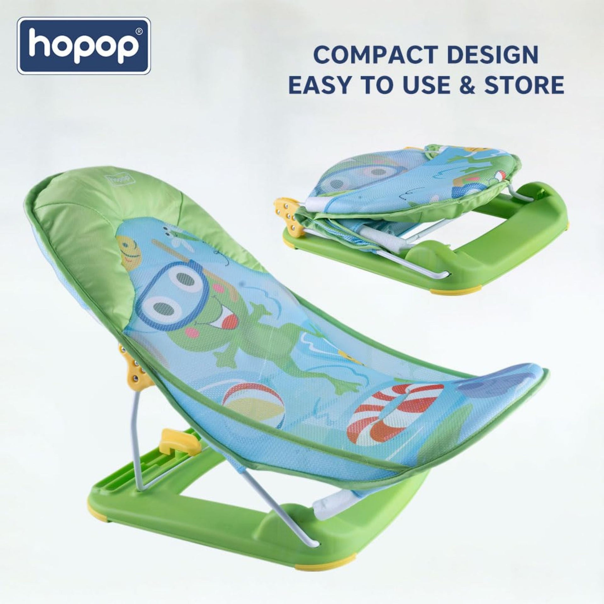 Hopop Anti-Skid Compact Baby Bather | 3-Level Adjustable Backrest | Foldable Baby Bath Seat with Soft Mesh Sling & Head Support Pillow | Newborn to 12 Months