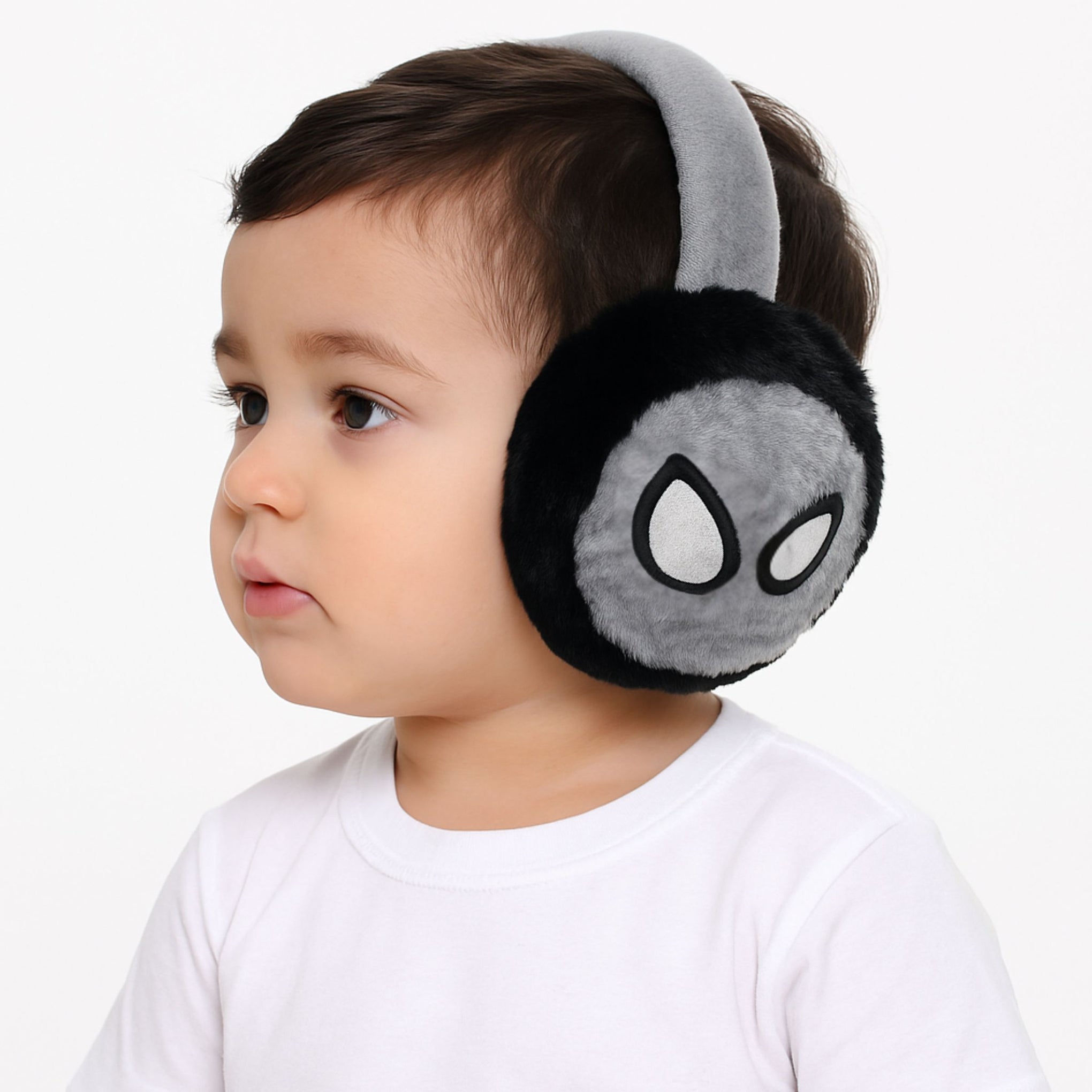 Smile Baby Soft Winter Plush Earmuffs for Kids – Cozy Warm Ear Covers with Cartoon Design (Grey & Black)