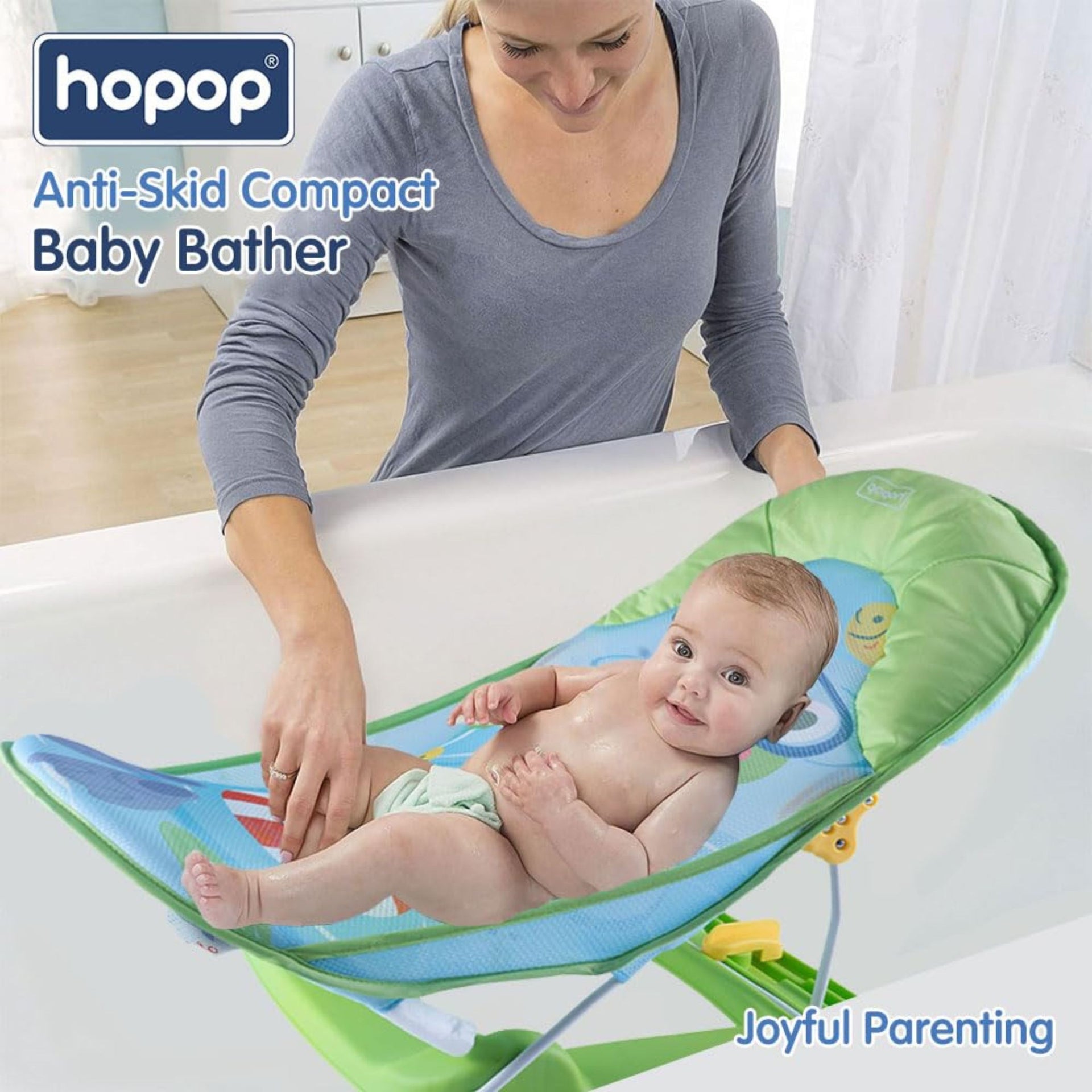 Hopop Anti-Skid Compact Baby Bather | 3-Level Adjustable Backrest | Foldable Baby Bath Seat with Soft Mesh Sling & Head Support Pillow | Newborn to 12 Months