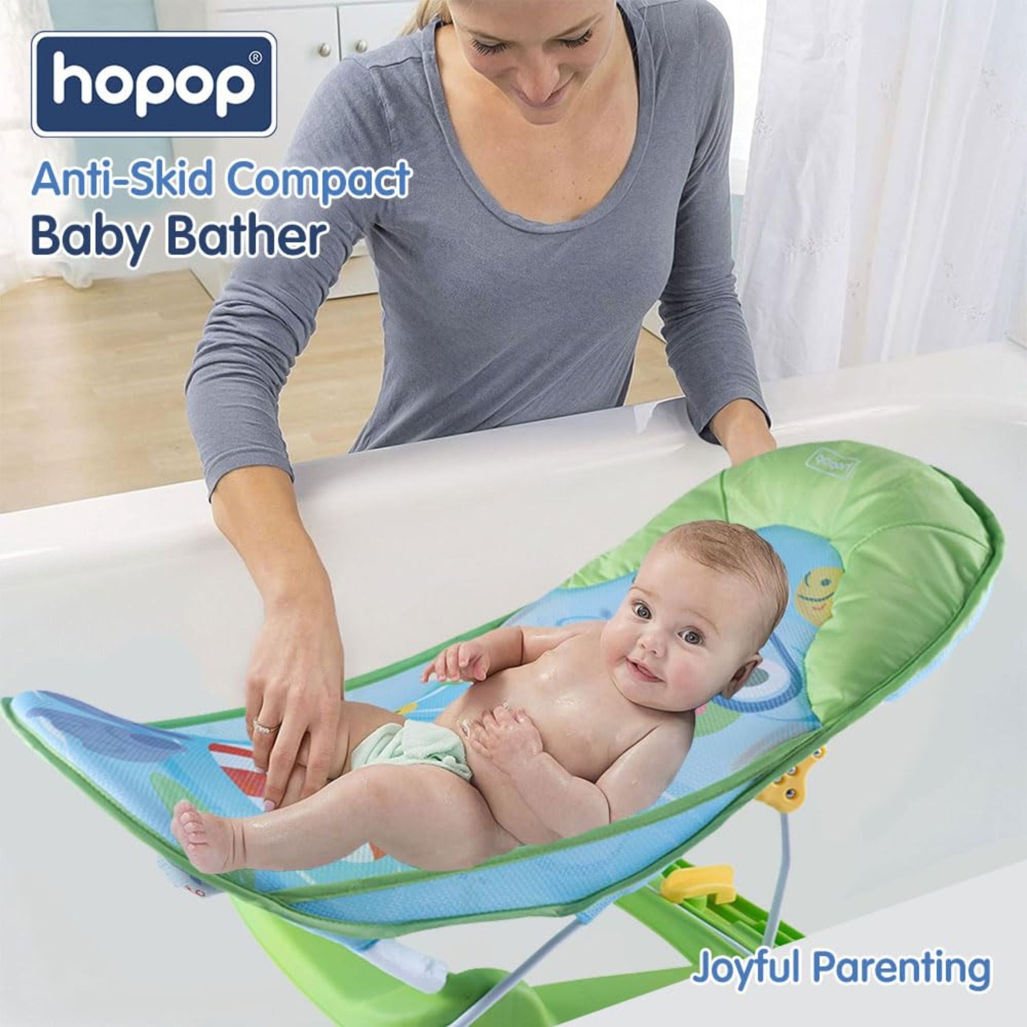 Hopop Anti-Skid Compact Baby Bather | 3-Level Adjustable Backrest | Foldable Baby Bath Seat with Soft Mesh Sling & Head Support Pillow | Newborn to 12 Months