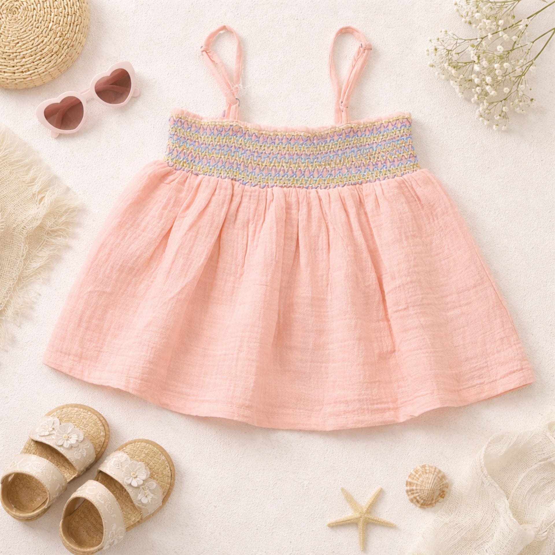 ORRIGANY Baby Girls Smocked Cotton Summer Dress | Sleeveless Strap Dress | Soft Casual Kids Dress (9 Months – 6 Years) | Colors: Peach, Liril