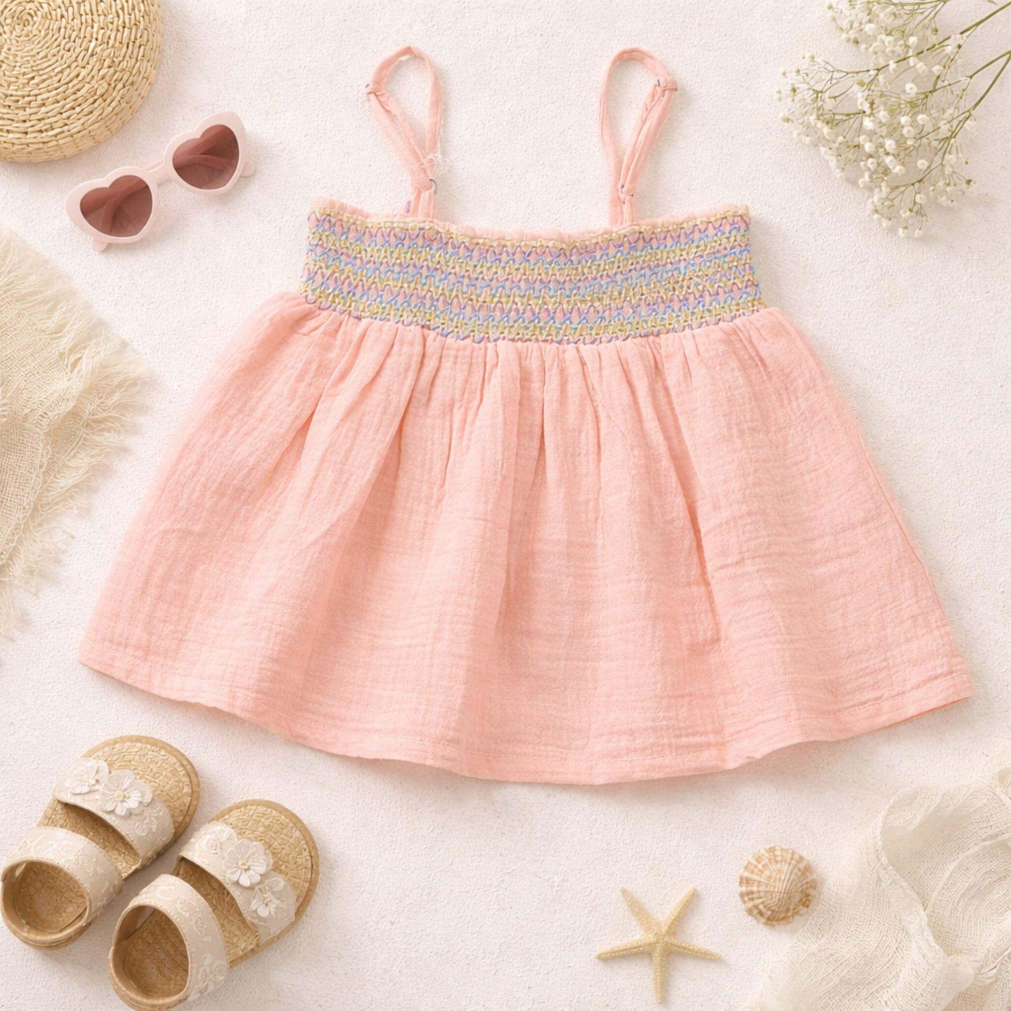 ORRIGANY Baby Girls Smocked Cotton Summer Dress | Sleeveless Strap Dress | Soft Casual Kids Dress (9 Months – 6 Years) | Colors: Peach, Liril