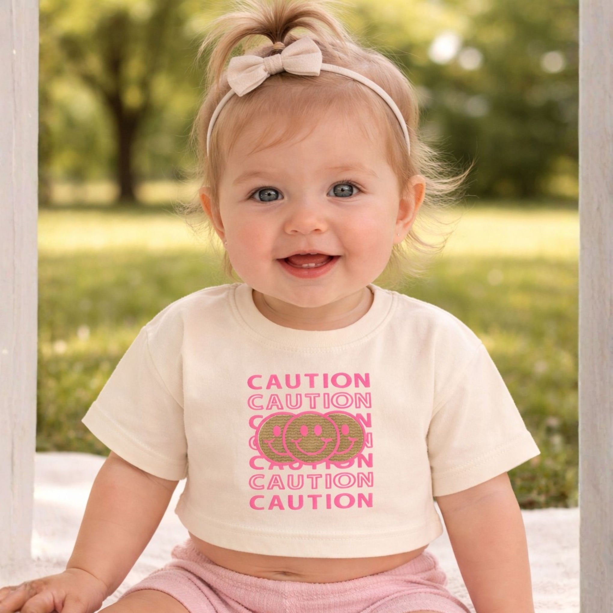 Smile Baby Kids “CAUTION Smiley” Graphic T-Shirt – Cream & Orange | 18 Months to 6 Years