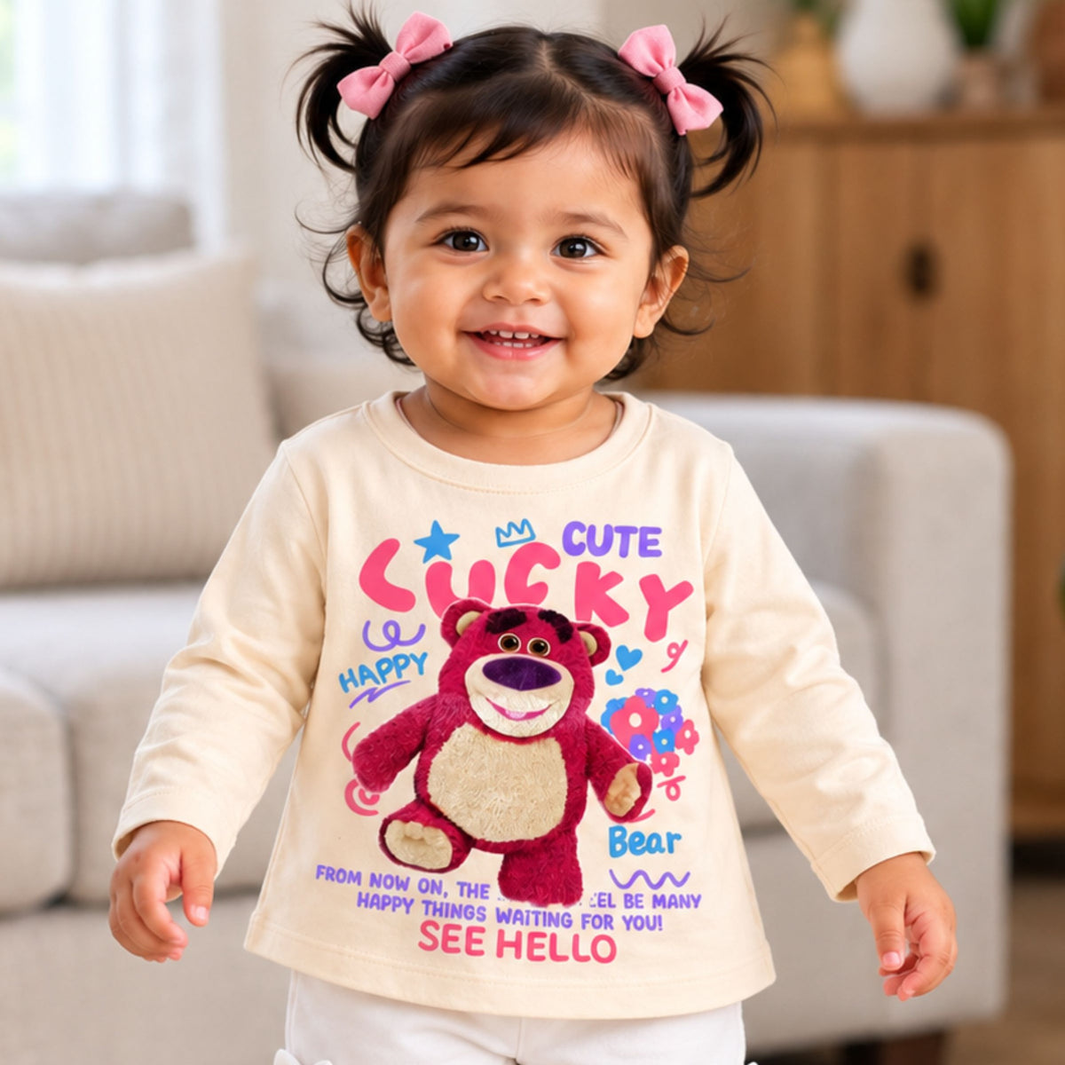 ORRIGANY ivory teddy bear print full sleeve girls T-shirt on toddler