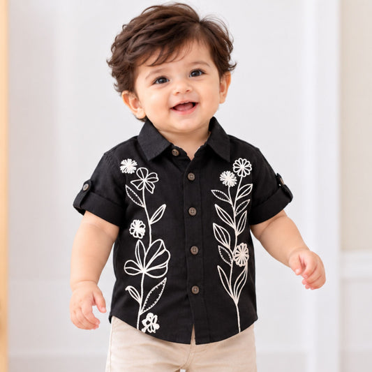 GUSTO black baby boys shirt with white floral embroidery, front view