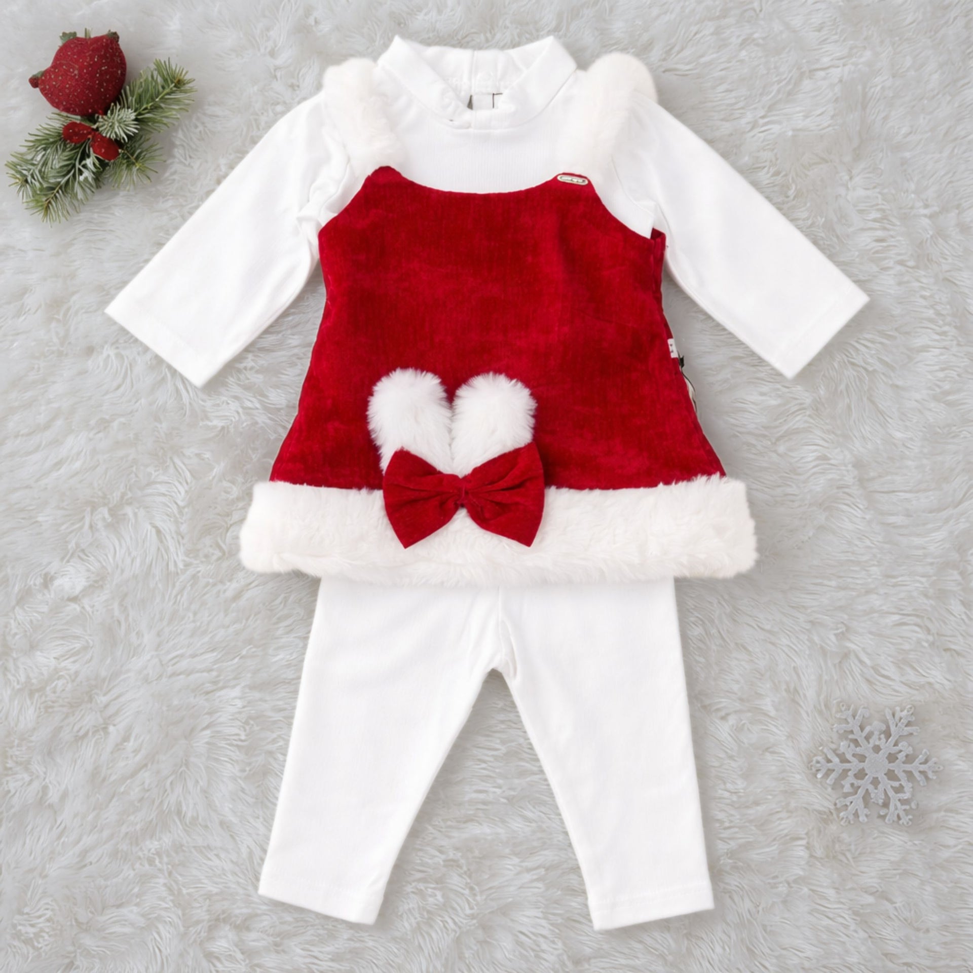 JUST TOTS Baby Girls Christmas Outfit Set | Red Velvet Dress with White Inner Top & Leggings | Soft Winter Wear for Babies & Toddlers (9 Months – 4 Years)