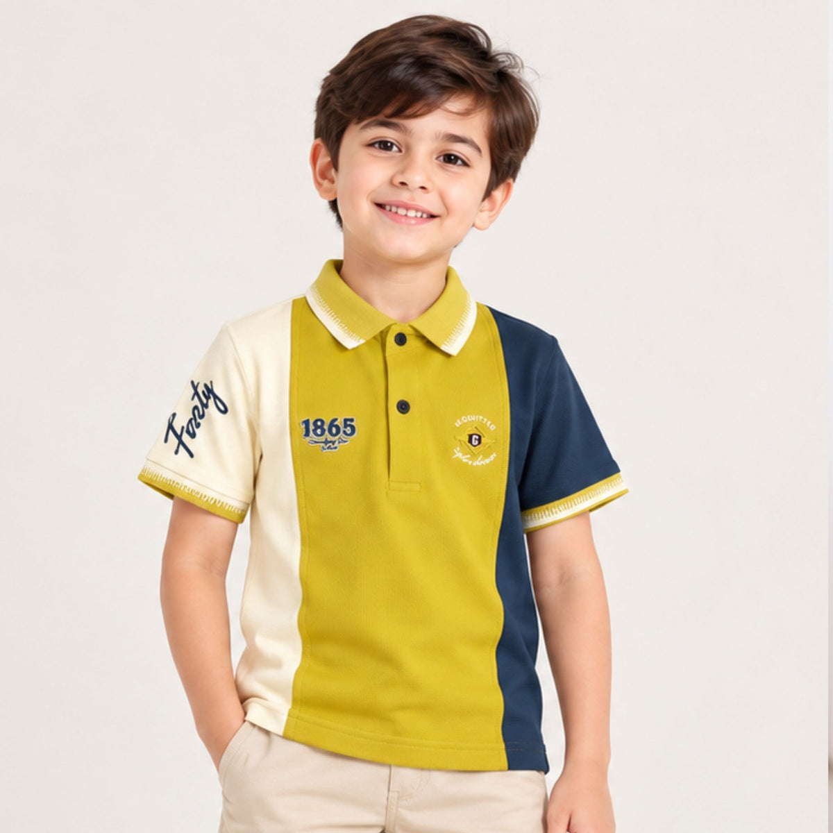 GUSTO boys mustard navy cream polo front