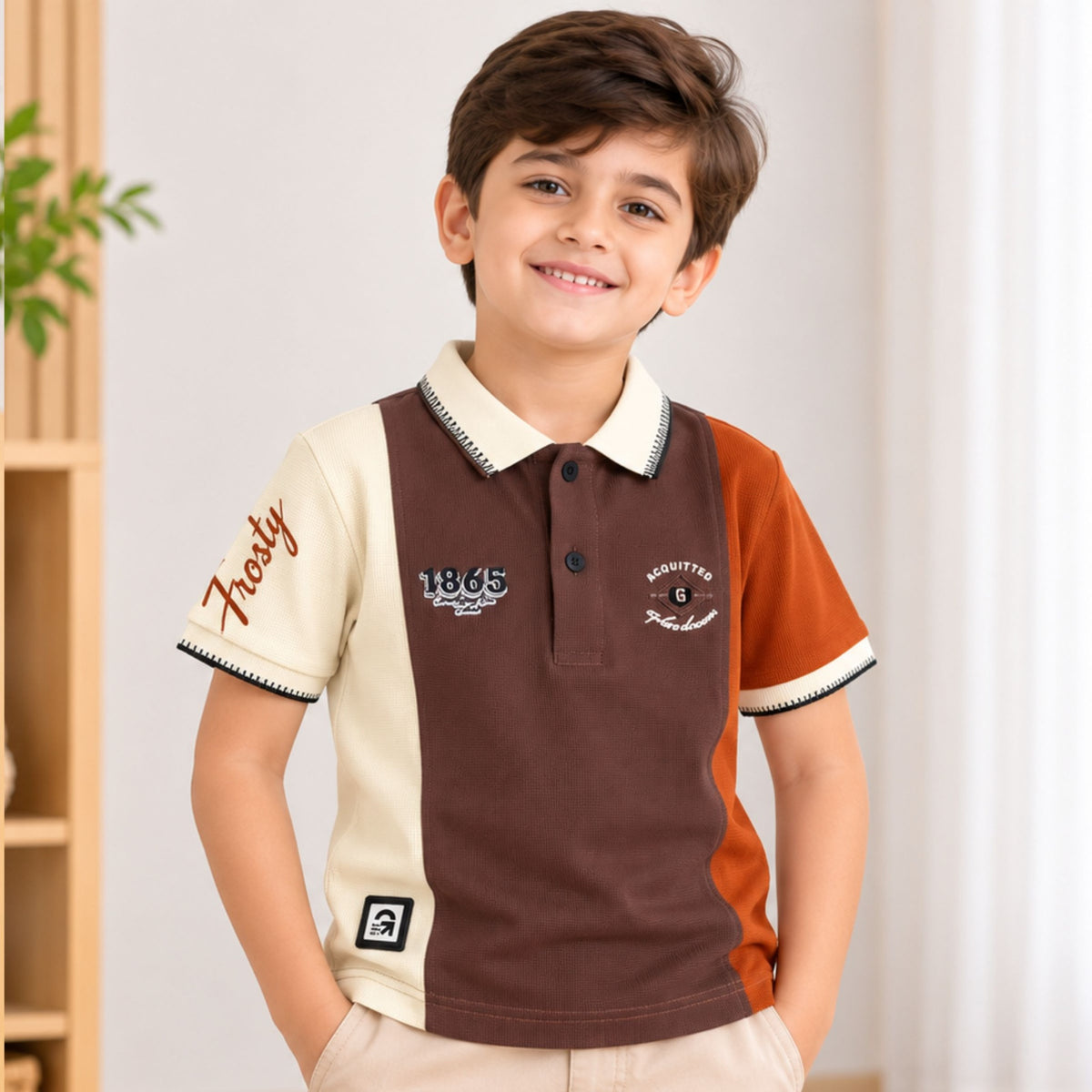 GUSTO boys brown cream rust polo front