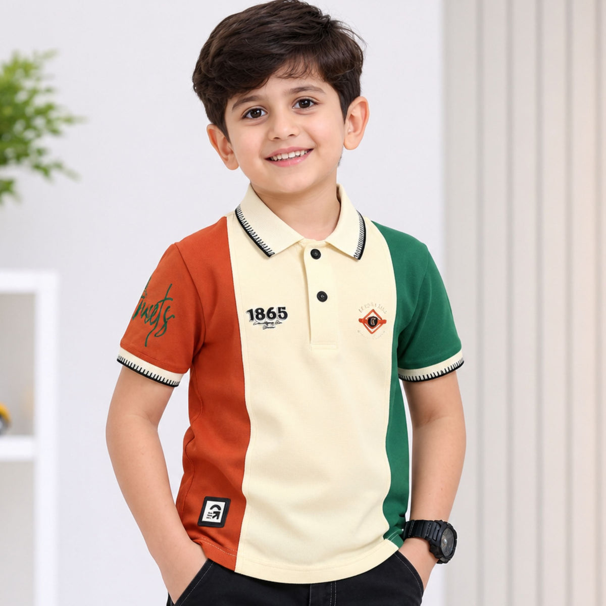 GUSTO boys cream green rust polo back