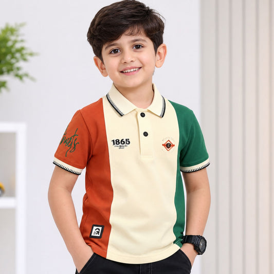 GUSTO boys cream green rust polo back