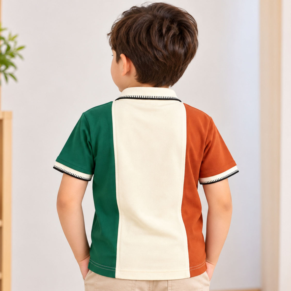 GUSTO boys cream green rust color-block polo front