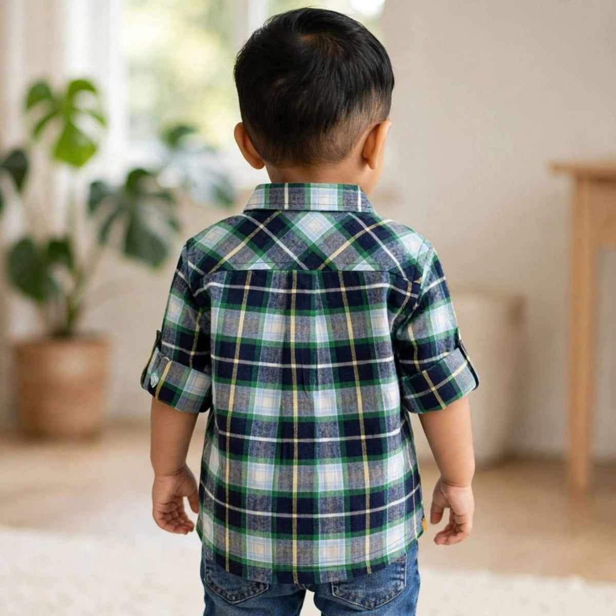 GUSTO olive check shirt back view