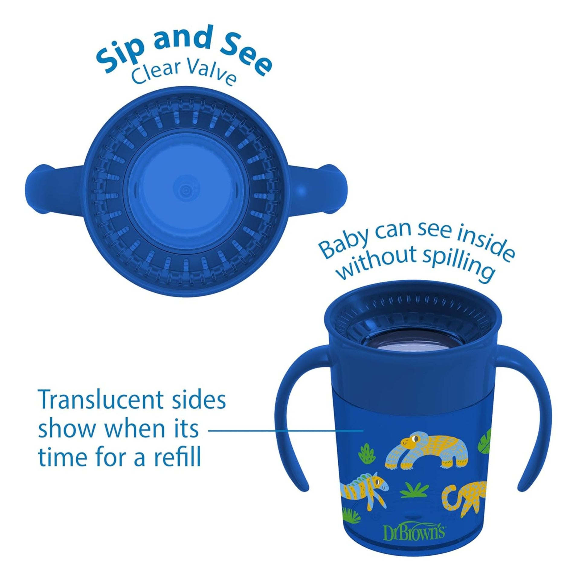Dr. Brown's Milestones Cheers 360° Spoutless Transition Cup with Sip & See Clear Valve, Leak-Free Toddler Training Cup, BPA-Free, Dual Handles, 200ml (7oz), 6 Months+