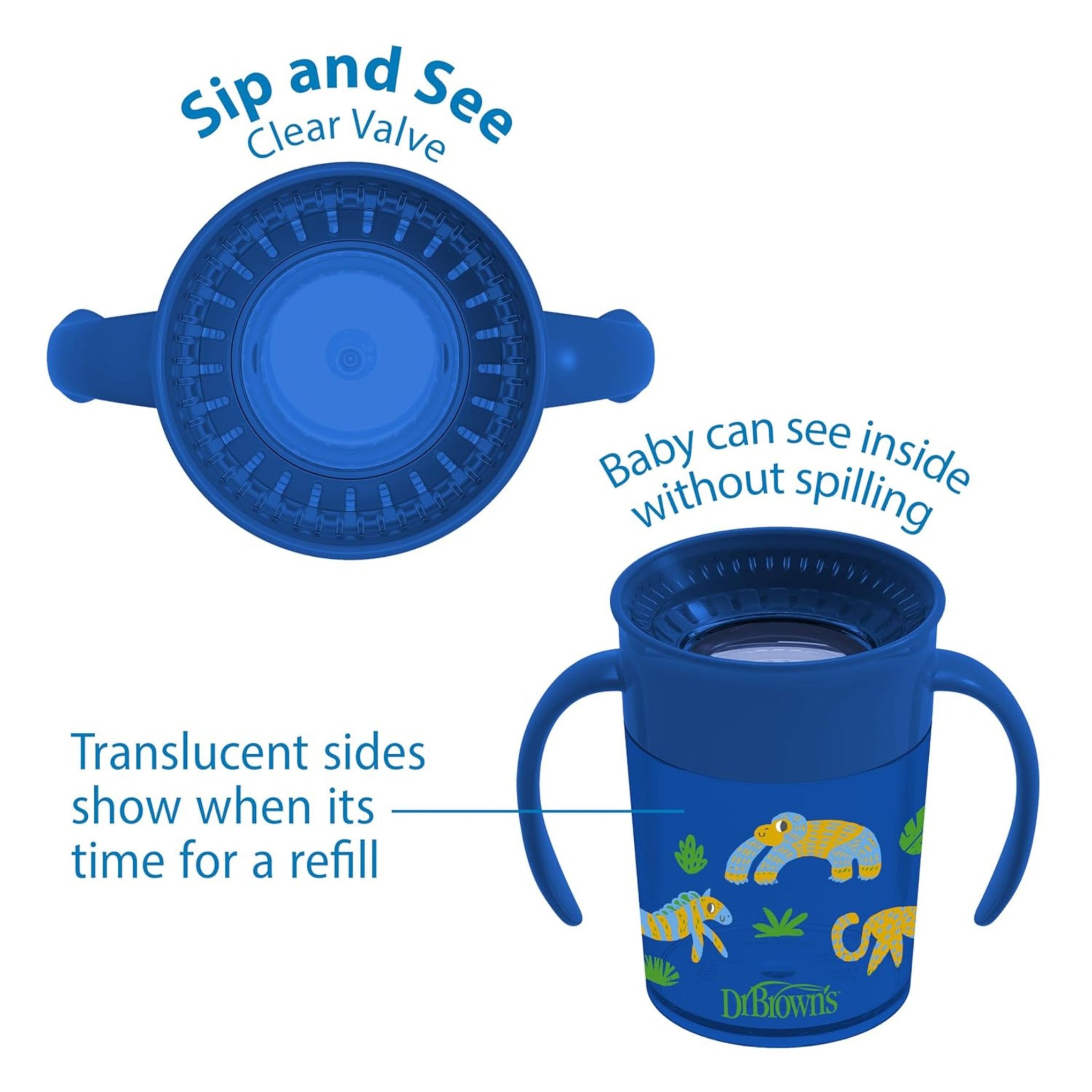 Dr. Brown's Milestones Cheers 360° Spoutless Transition Cup with Sip & See Clear Valve, Leak-Free Toddler Training Cup, BPA-Free, Dual Handles, 200ml (7oz), 6 Months+