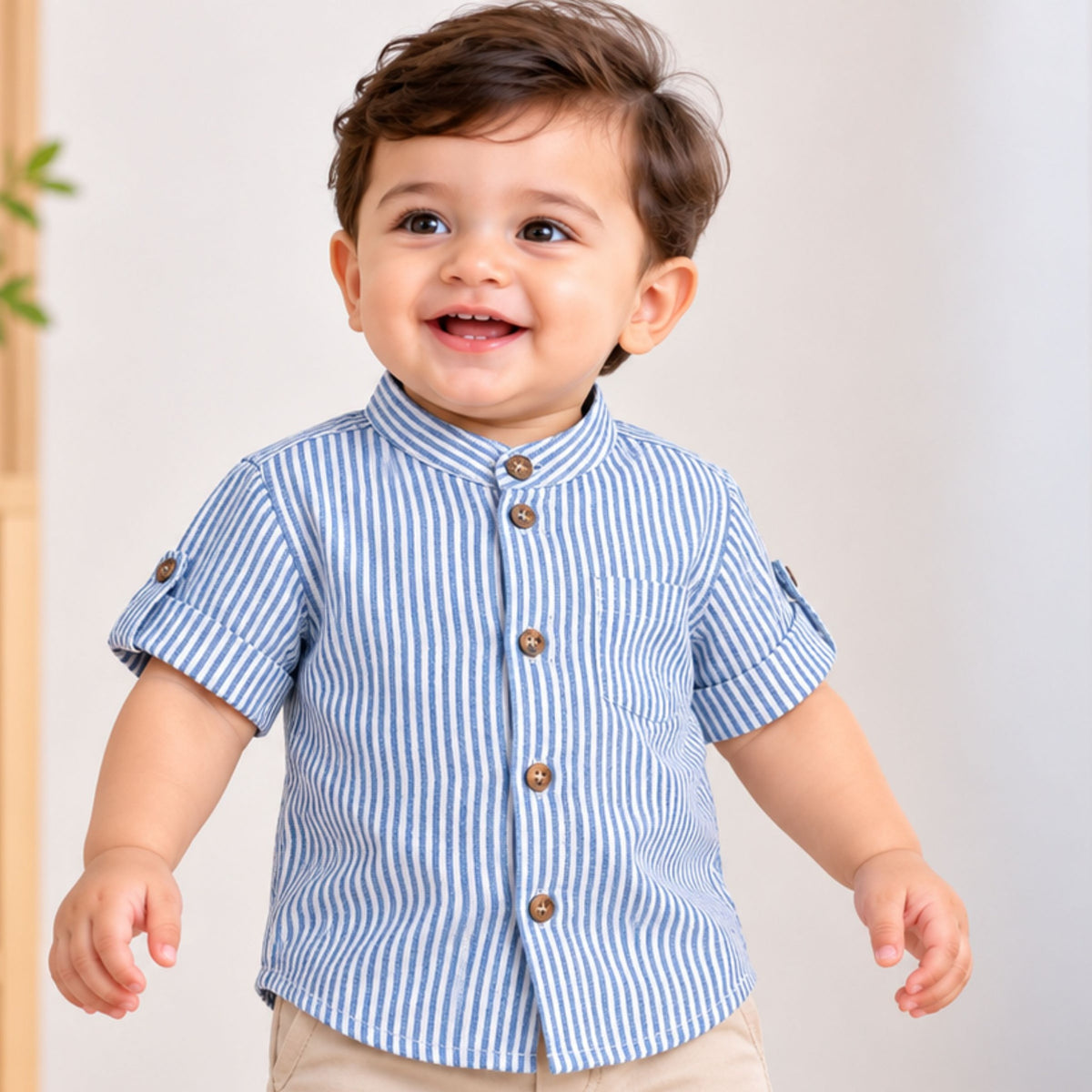 GUSTO sky blue striped boys shirt front