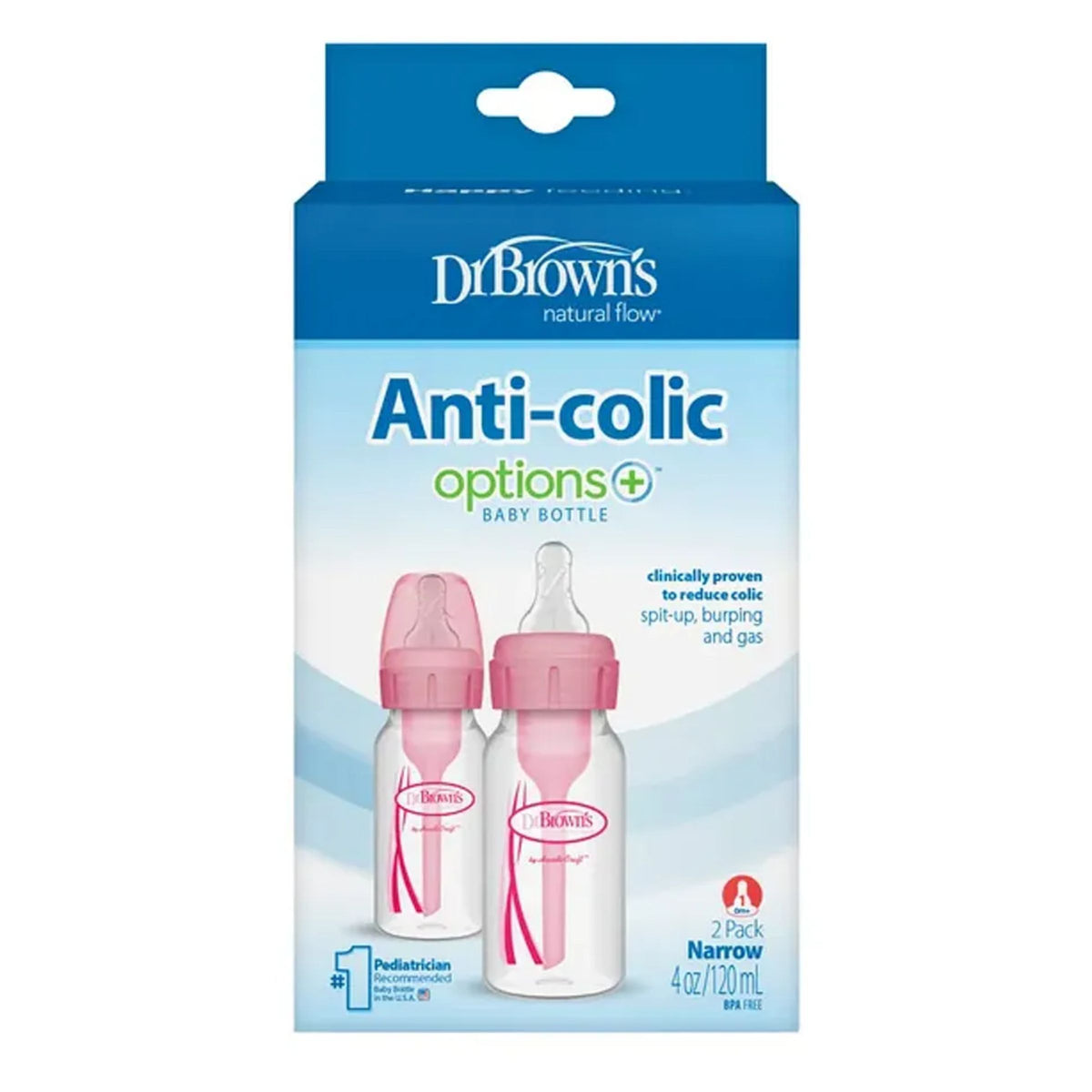 Dr. Brown's Options+ Anti-Colic Narrow Neck Baby Bottle Pink 120ml 2 Pack Packaging