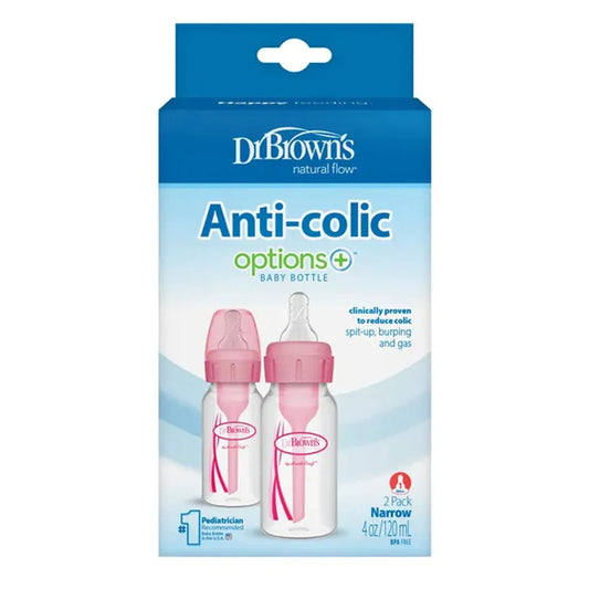 Dr. Brown's Options+ Anti-Colic Narrow Neck Baby Bottle Pink 120ml 2 Pack Packaging