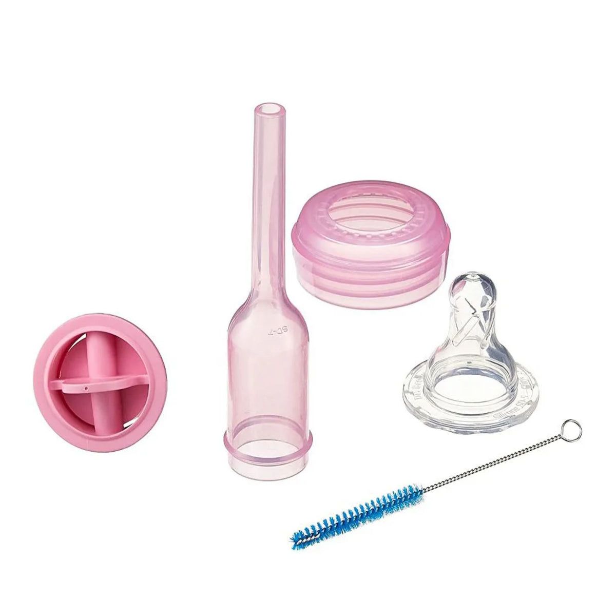 Dr. Brown's Options+ Baby Bottle Pink Internal Vent System Components and Cleaning Brush