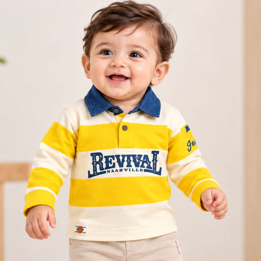 GUSTO boys yellow striped collared sweatshirt front view