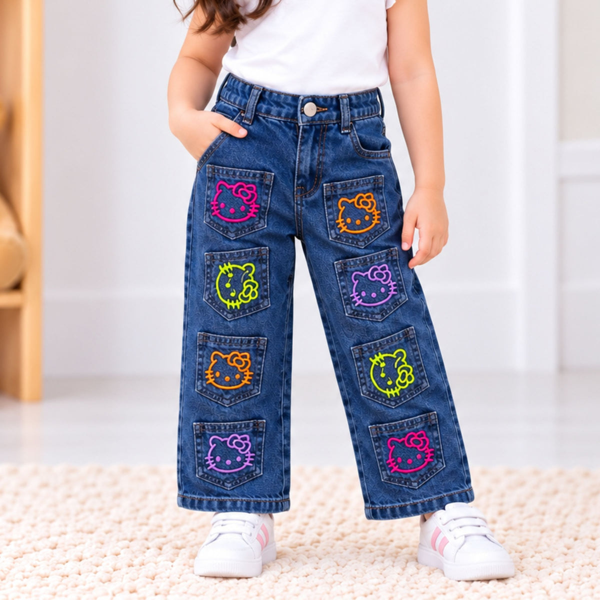ROXY girls dark blue wide-leg denim jeans front view with colorful character patch pockets and contrast stitching