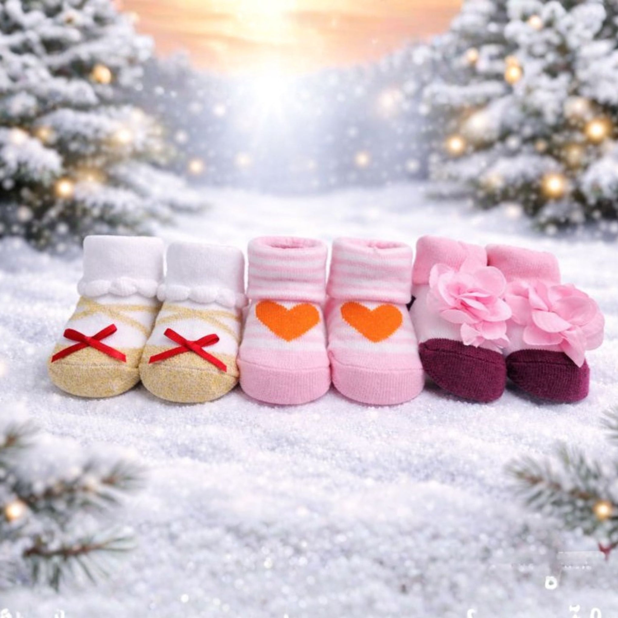 Baby Girl Cotton Socks Set | Soft & Warm Winter Socks | Heart, Bow & Floral Designs | 0–12 Months | Pack of 3 Pairs