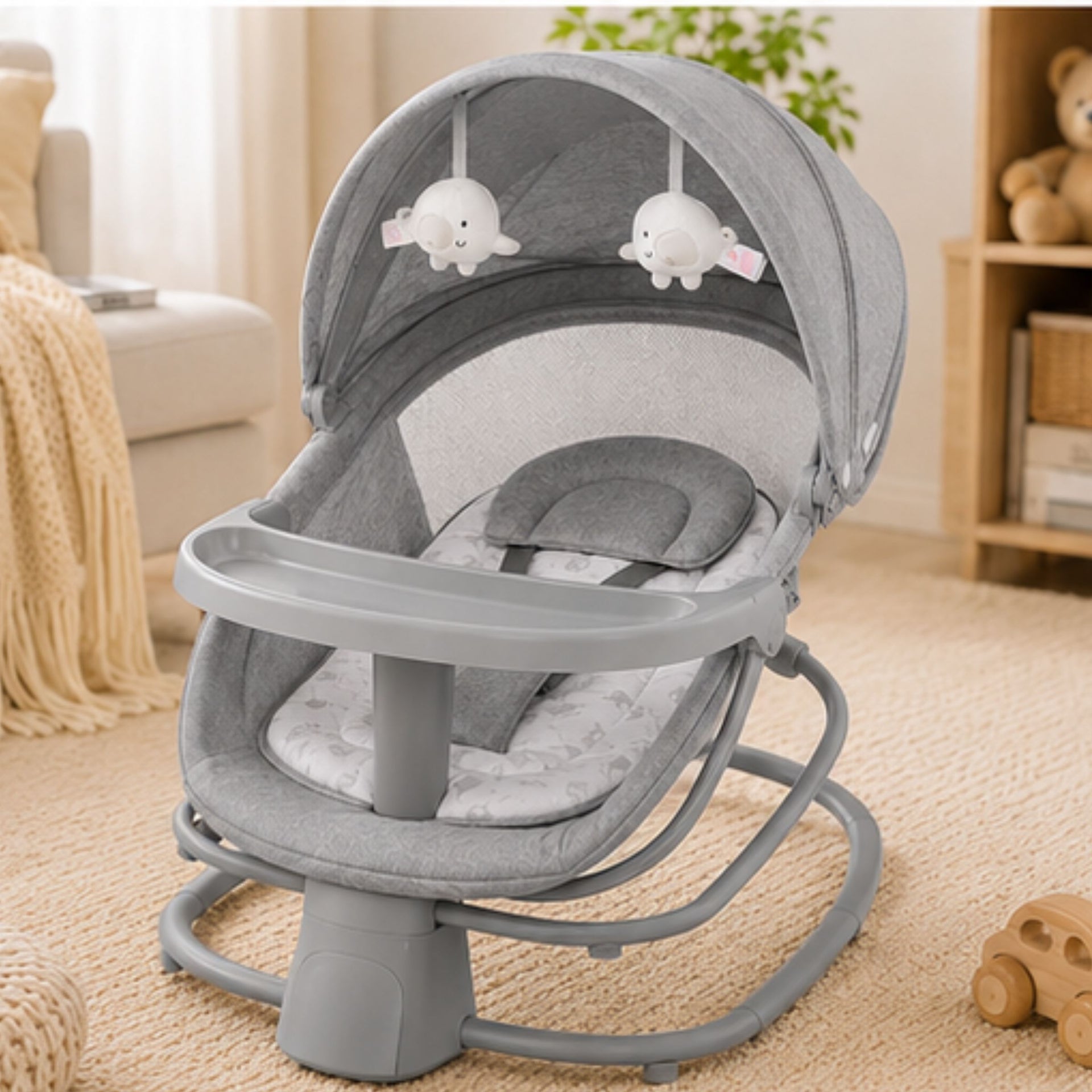 MUSTELA 4-in-1 Electric Baby Swing & Bassinet with APP Control, 5 Swing Speeds, Adjustable Recline, Music Function, Foldable Portable Baby Rocker for Newborns to 15kg – Grey