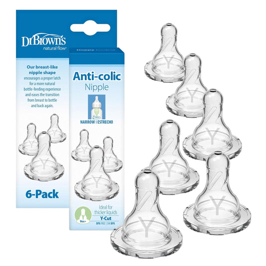 Dr. Brown's Natural Flow Narrow Baby Bottle Silicone Teat, 6-Pack – Y-Cut (9m+ Fast Flow for Thick Liquids) 