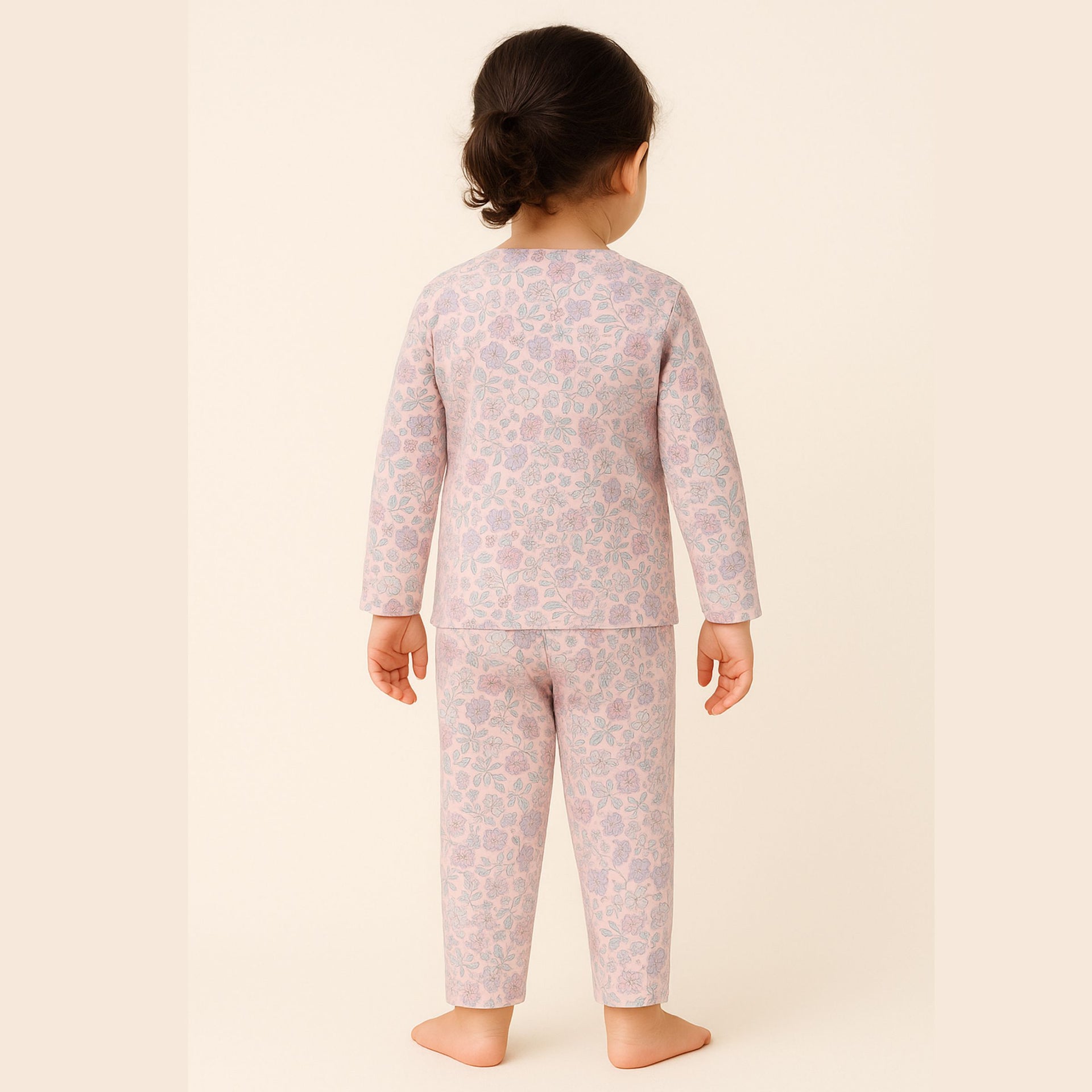 TOFFY HOUSE Girls' Pink Floral Cotton Night Suit – Full Sleeve Shirt & Pants | Soft & Breathable | Age 9M–3Y