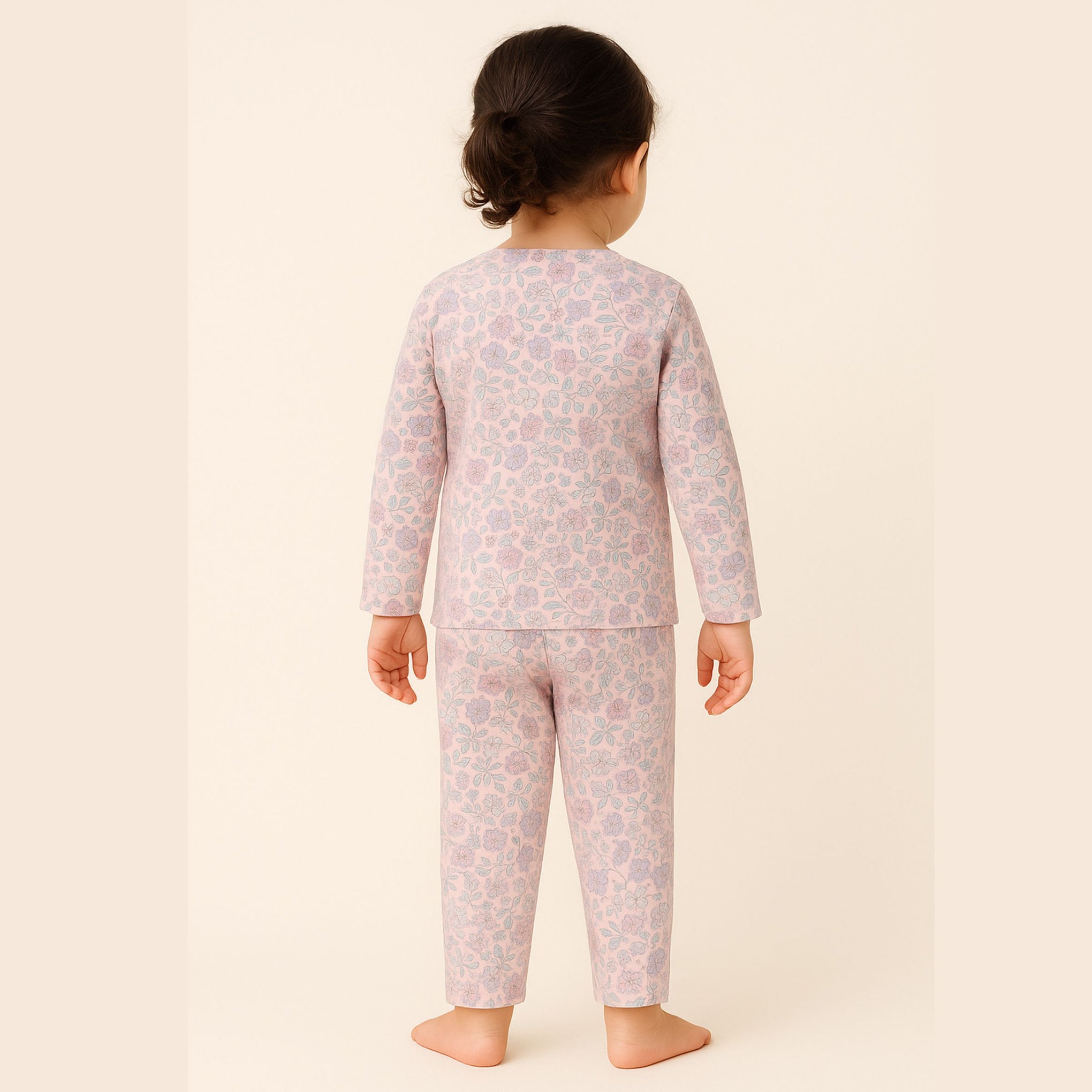 TOFFY HOUSE Girls' Pink Floral Cotton Night Suit – Full Sleeve Shirt & Pants | Soft & Breathable | Age 9M–3Y