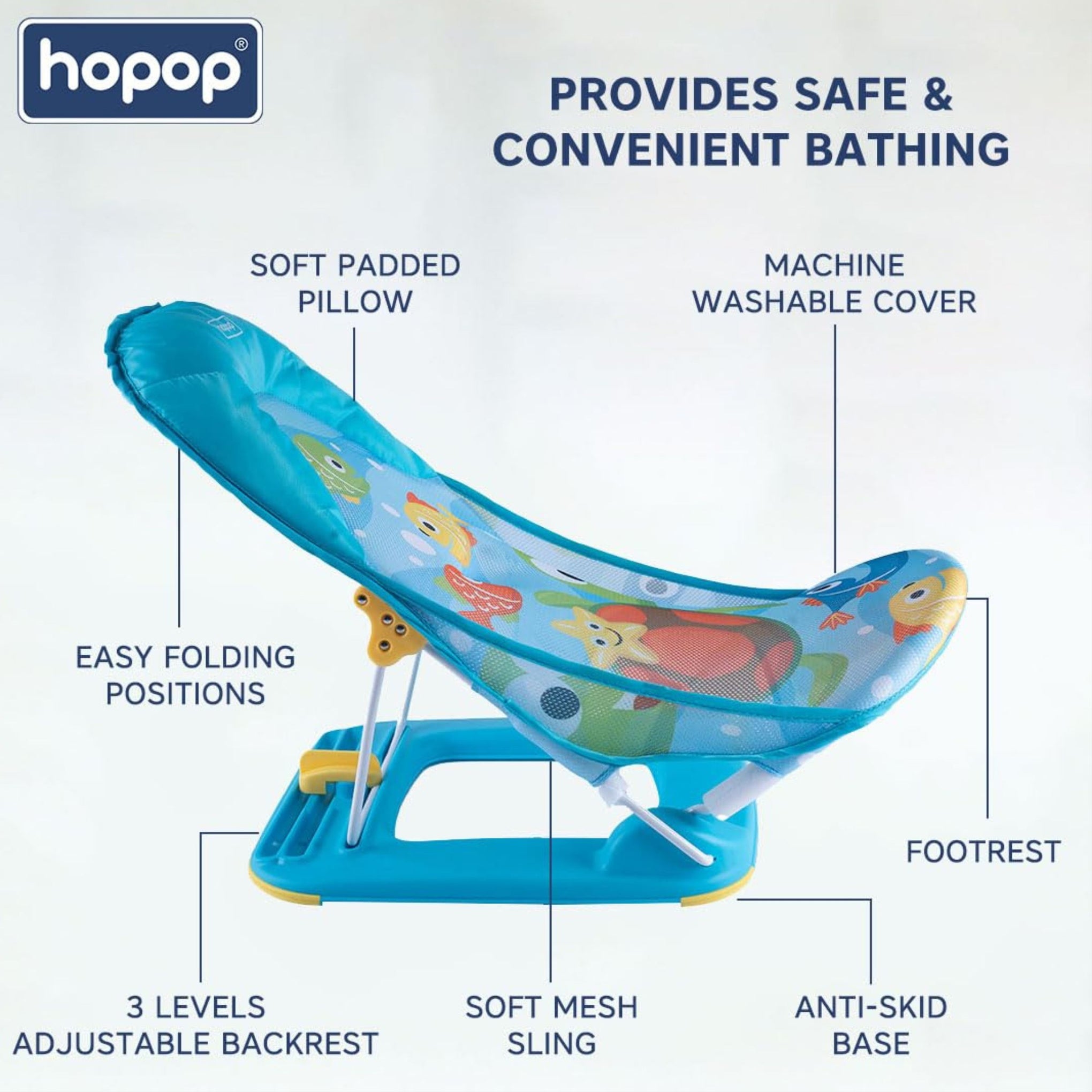 HOPOP Anti-Skid Compact Baby Bather | Adjustable 3-Level Backrest | Soft Mesh Sling & Head Support Pillow | Foldable Baby Bath Seat for Newborns & Infants