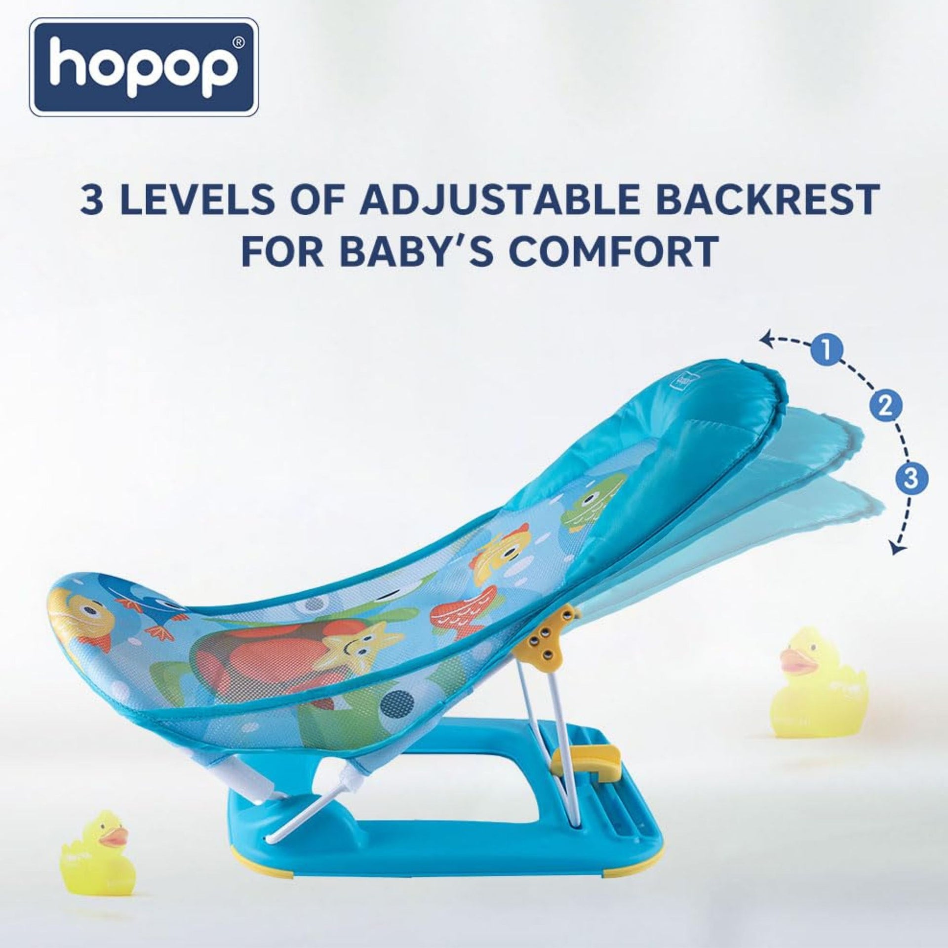 HOPOP Anti-Skid Compact Baby Bather | Adjustable 3-Level Backrest | Soft Mesh Sling & Head Support Pillow | Foldable Baby Bath Seat for Newborns & Infants
