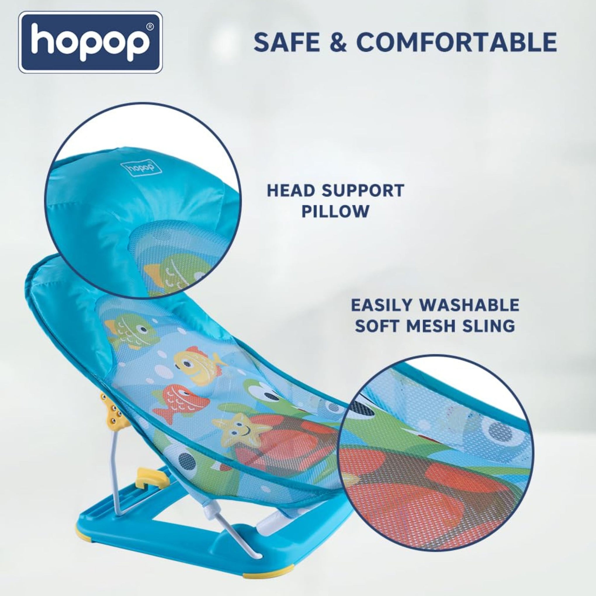 HOPOP Anti-Skid Compact Baby Bather | Adjustable 3-Level Backrest | Soft Mesh Sling & Head Support Pillow | Foldable Baby Bath Seat for Newborns & Infants