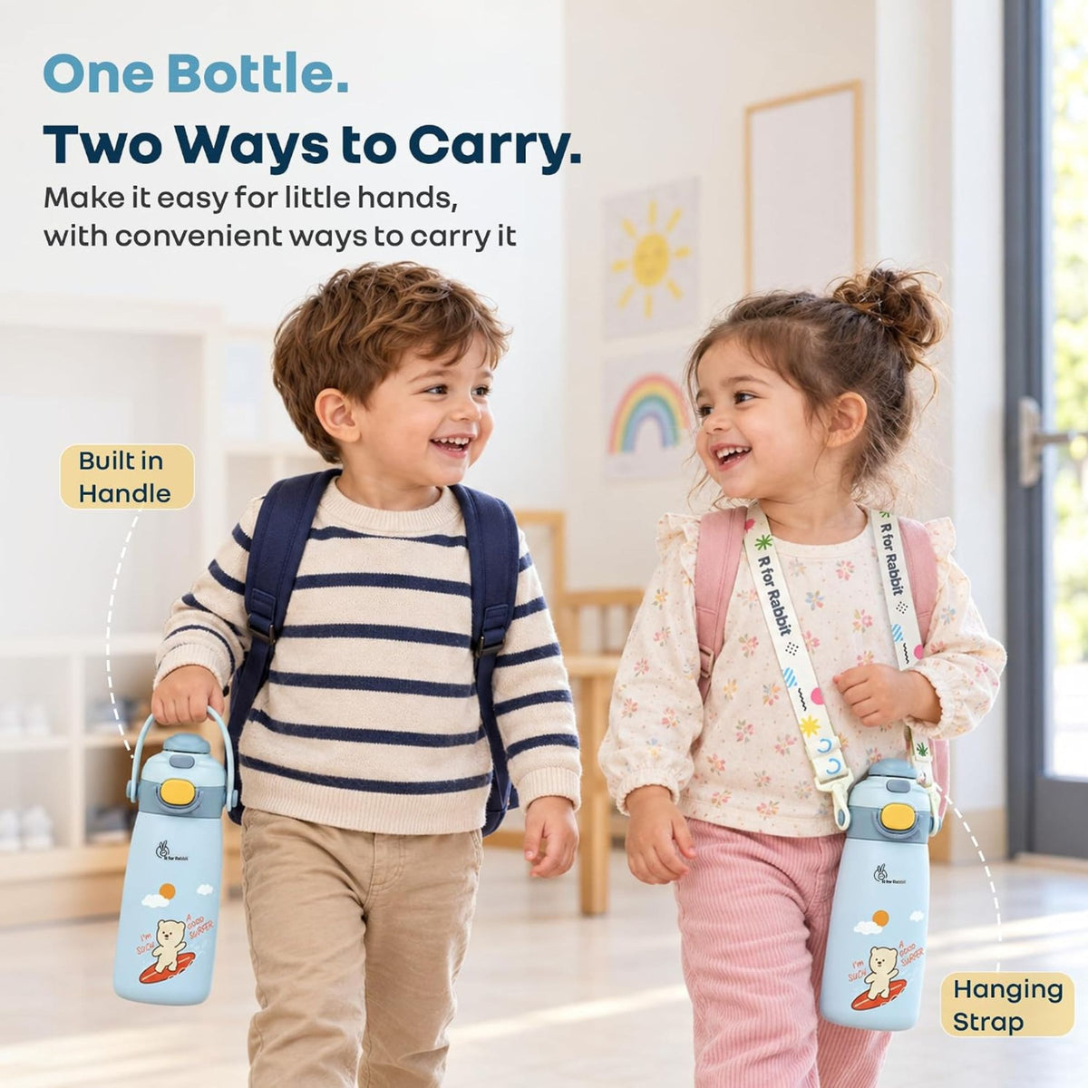 R for Rabbit kids water bottle with built-in handle and hanging strap