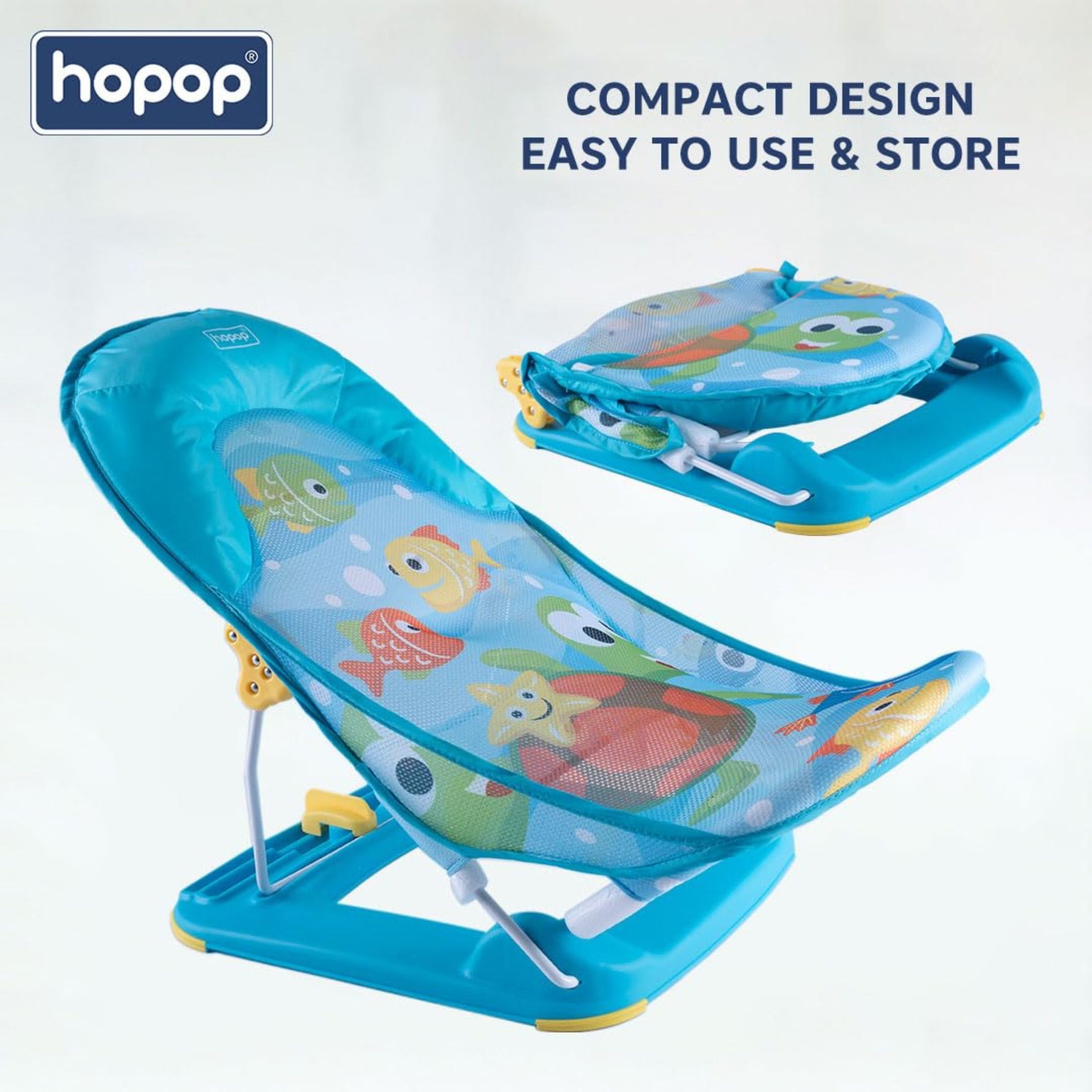 HOPOP Anti-Skid Compact Baby Bather | Adjustable 3-Level Backrest | Soft Mesh Sling & Head Support Pillow | Foldable Baby Bath Seat for Newborns & Infants