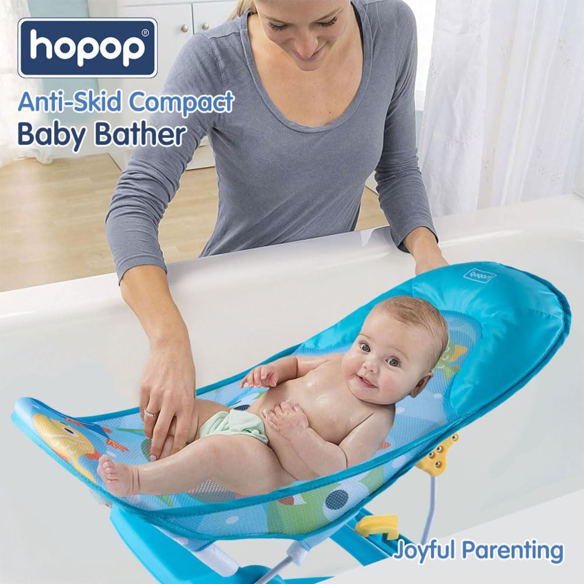 HOPOP Anti-Skid Compact Baby Bather | Adjustable 3-Level Backrest | Soft Mesh Sling & Head Support Pillow | Foldable Baby Bath Seat for Newborns & Infants