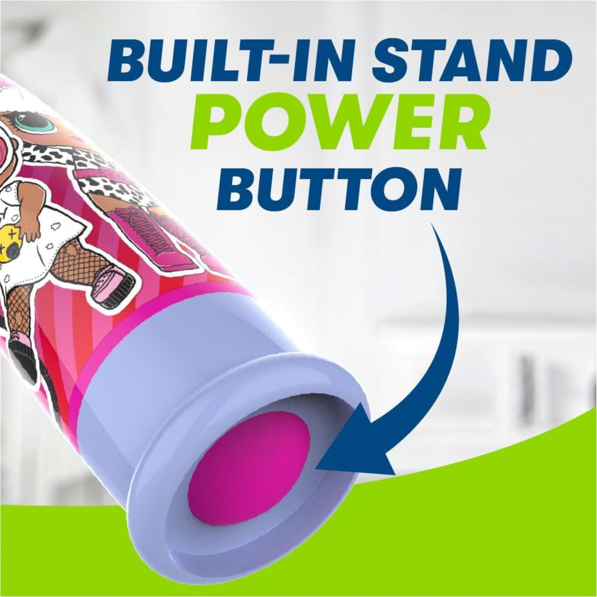 LOL Surprise toothbrush built-in stand and power button detail