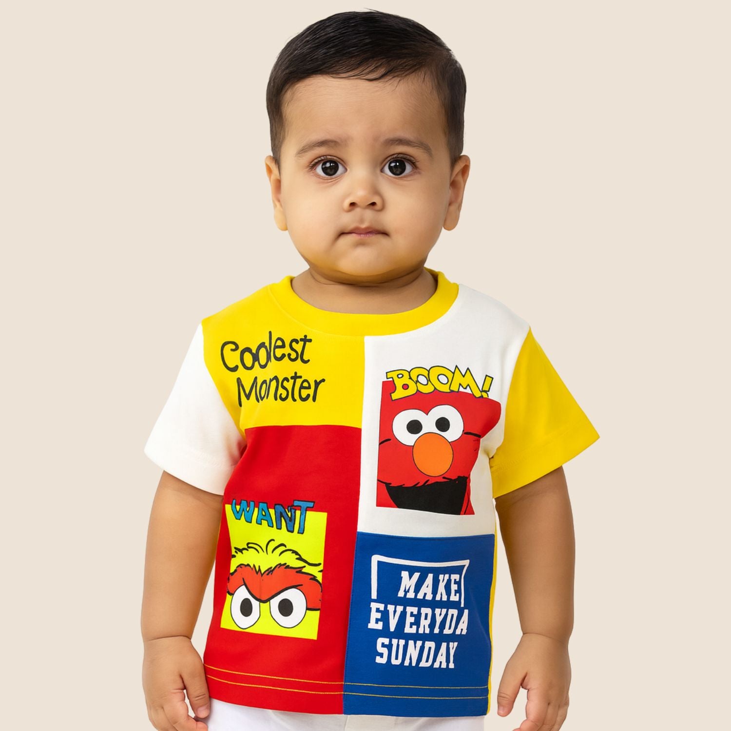 COOLEST Monster Cartoon Printed T-Shirt for Boys | Age 12 Months – 4 Years | Yellow & Neon Green