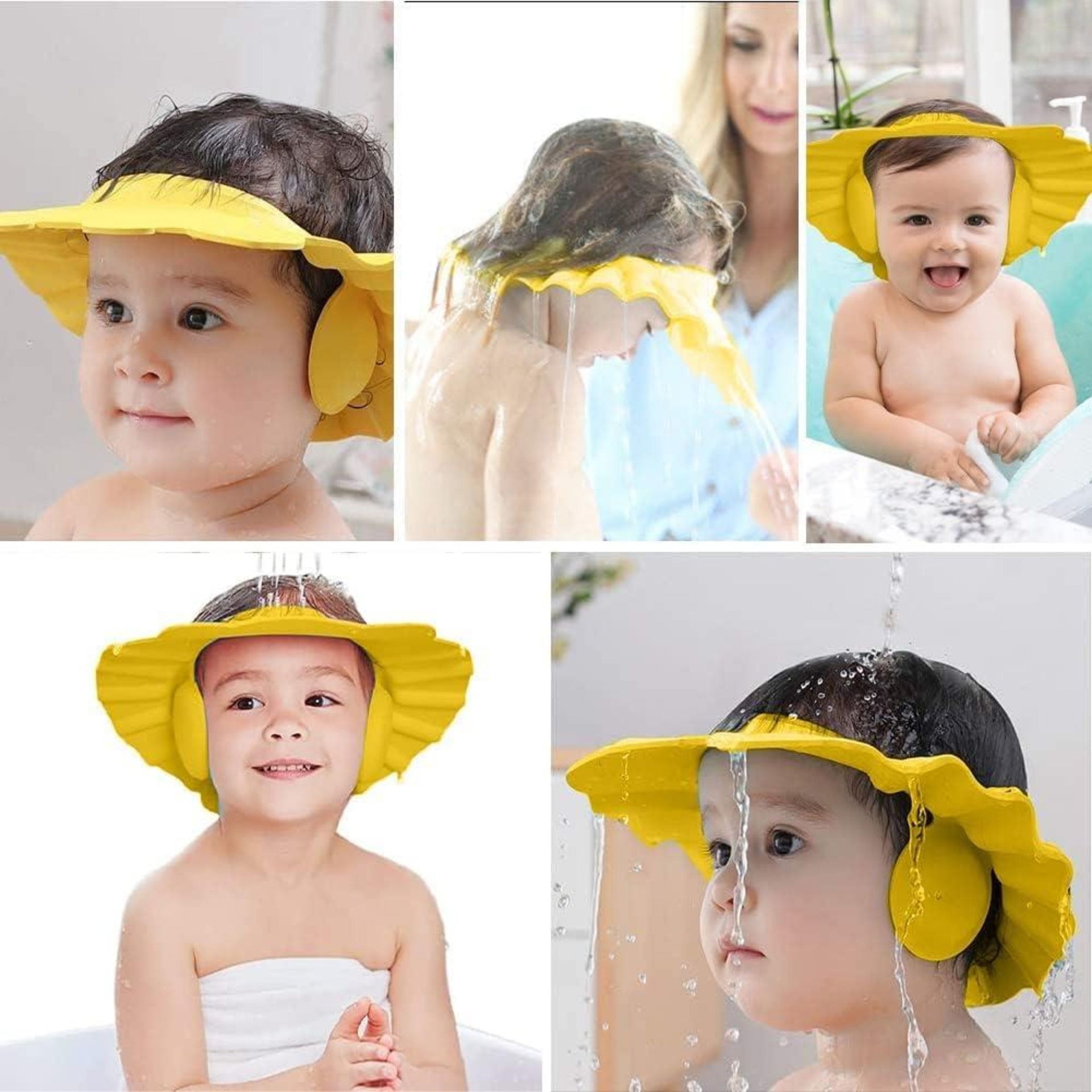 1ST STEP Baby Shampoo Bath Cap for Kids | Soft Adjustable Shampoo Hat with Ear Protection | Splash Guard Bathing Cap for Babies & Toddlers | Pink & Yellow
