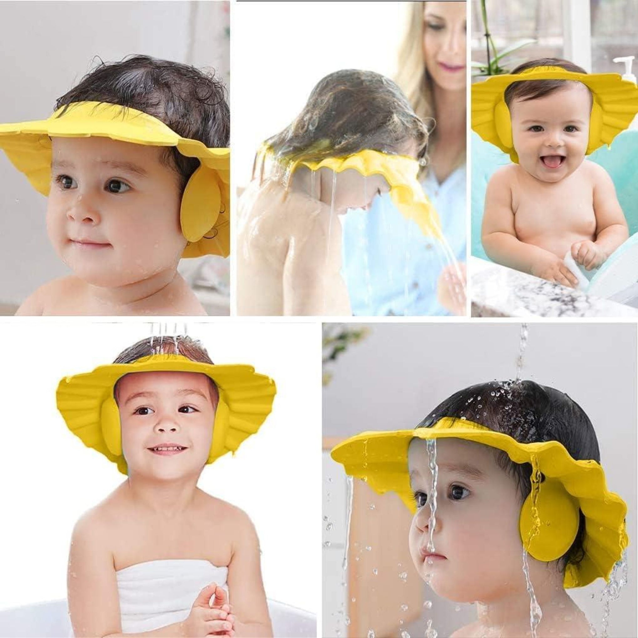 1ST STEP Baby Shampoo Bath Cap for Kids | Soft Adjustable Shampoo Hat with Ear Protection | Splash Guard Bathing Cap for Babies & Toddlers | Pink & Yellow