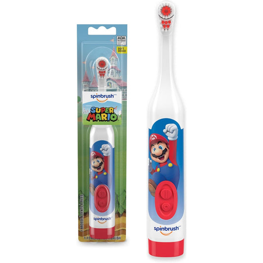 SMILE BABY Spinbrush Super Mario powered toothbrush packaging and product