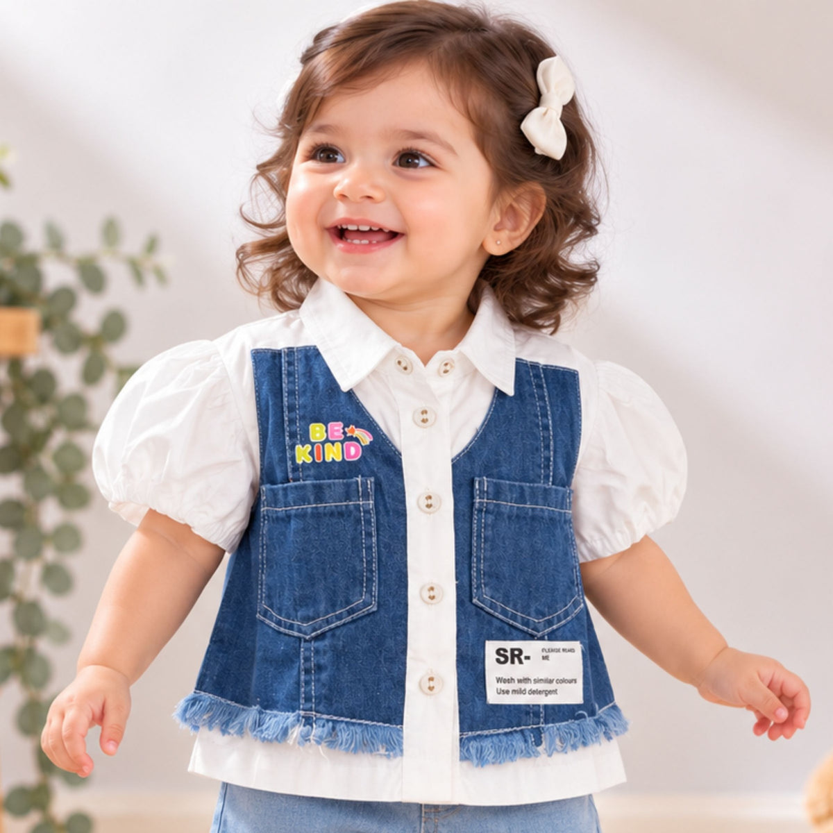 SMILE BABY girls denim and white outfit front view