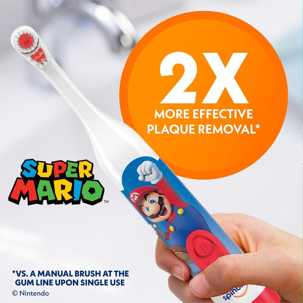 Spinbrush Super Mario toothbrush plaque removal promotional graphic