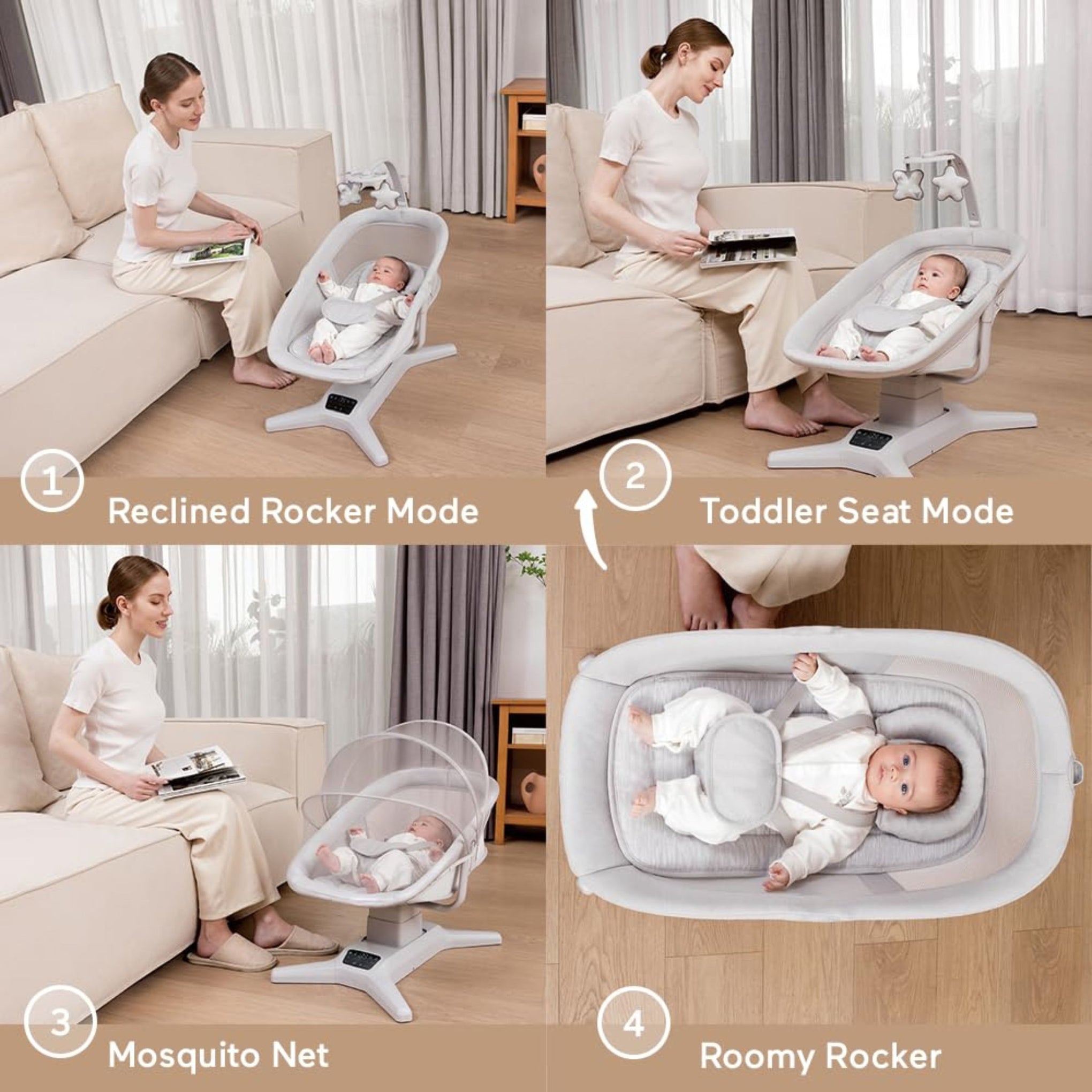 Mastela X Multi-Motion Electric Baby Cradle with Remote Control, App Control, USB Powered, 5 Swing Modes, Music, Mosquito Net & Toy Bar | Newborn Baby Rocker & Bassinet | Light Grey