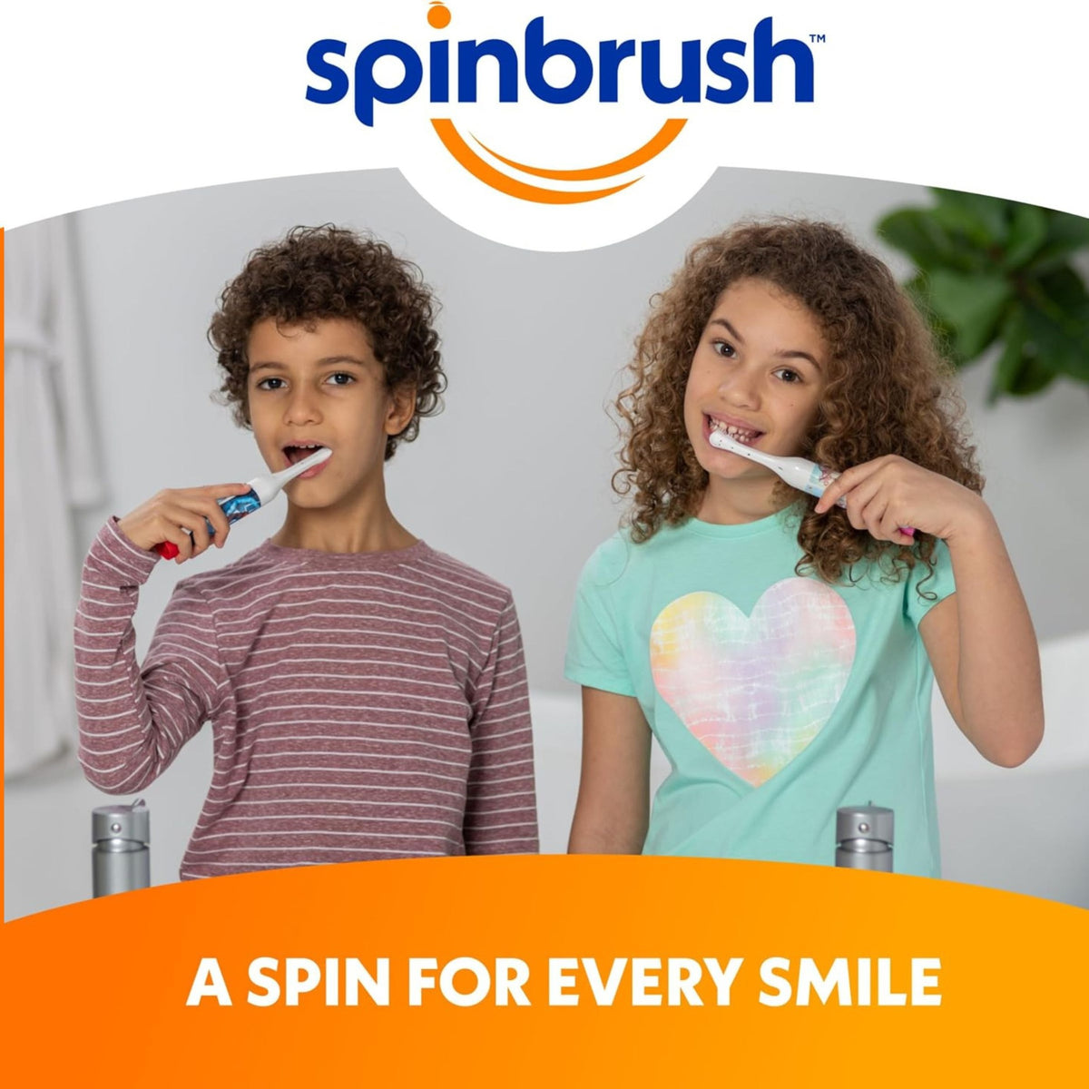 Children brushing teeth with powered toothbrushes