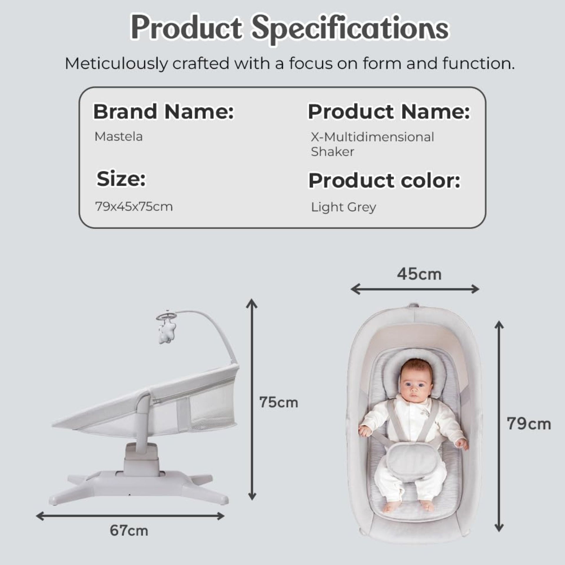 Mastela X Multi-Motion Electric Baby Cradle with Remote Control, App Control, USB Powered, 5 Swing Modes, Music, Mosquito Net & Toy Bar | Newborn Baby Rocker & Bassinet | Light Grey