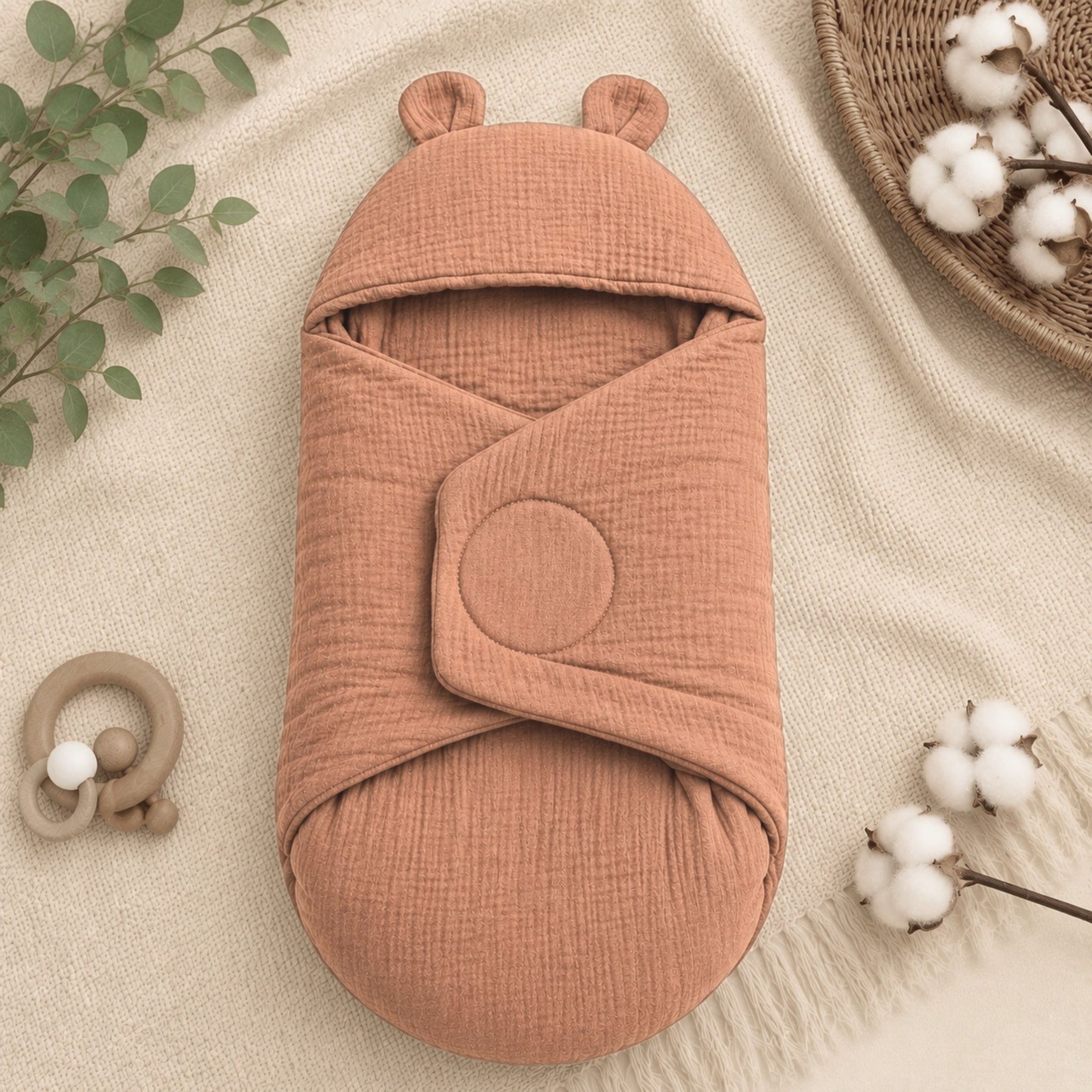 Smile Baby Premium Muslin Baby Wrapper Cum Swaddle Blanket with Hood & Cute Bear Ears | Soft Breathable Receiving Blanket for Newborn Baby | Multi-Use Baby Wrap | 0-6 Months | Color Options: S.Blue, Cream, Onion, Navy, Green & Rust