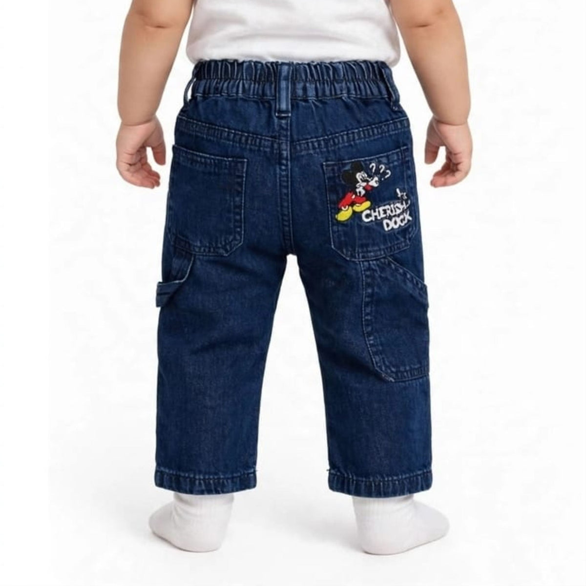 ROXY boys denim jeans rear view showing elastic waistband and printed back pocket