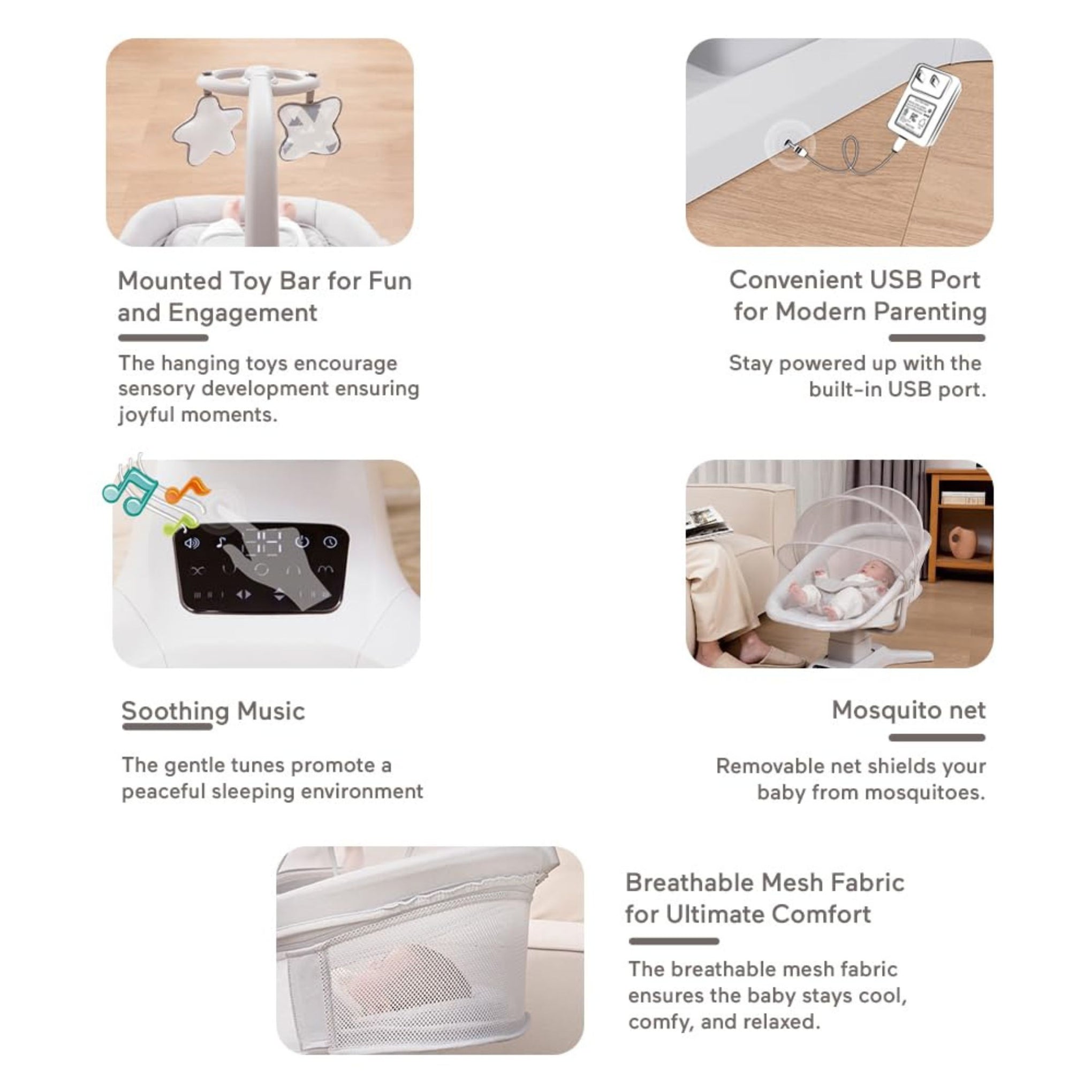 Mastela X Multi-Motion Electric Baby Cradle with Remote Control, App Control, USB Powered, 5 Swing Modes, Music, Mosquito Net & Toy Bar | Newborn Baby Rocker & Bassinet | Light Grey